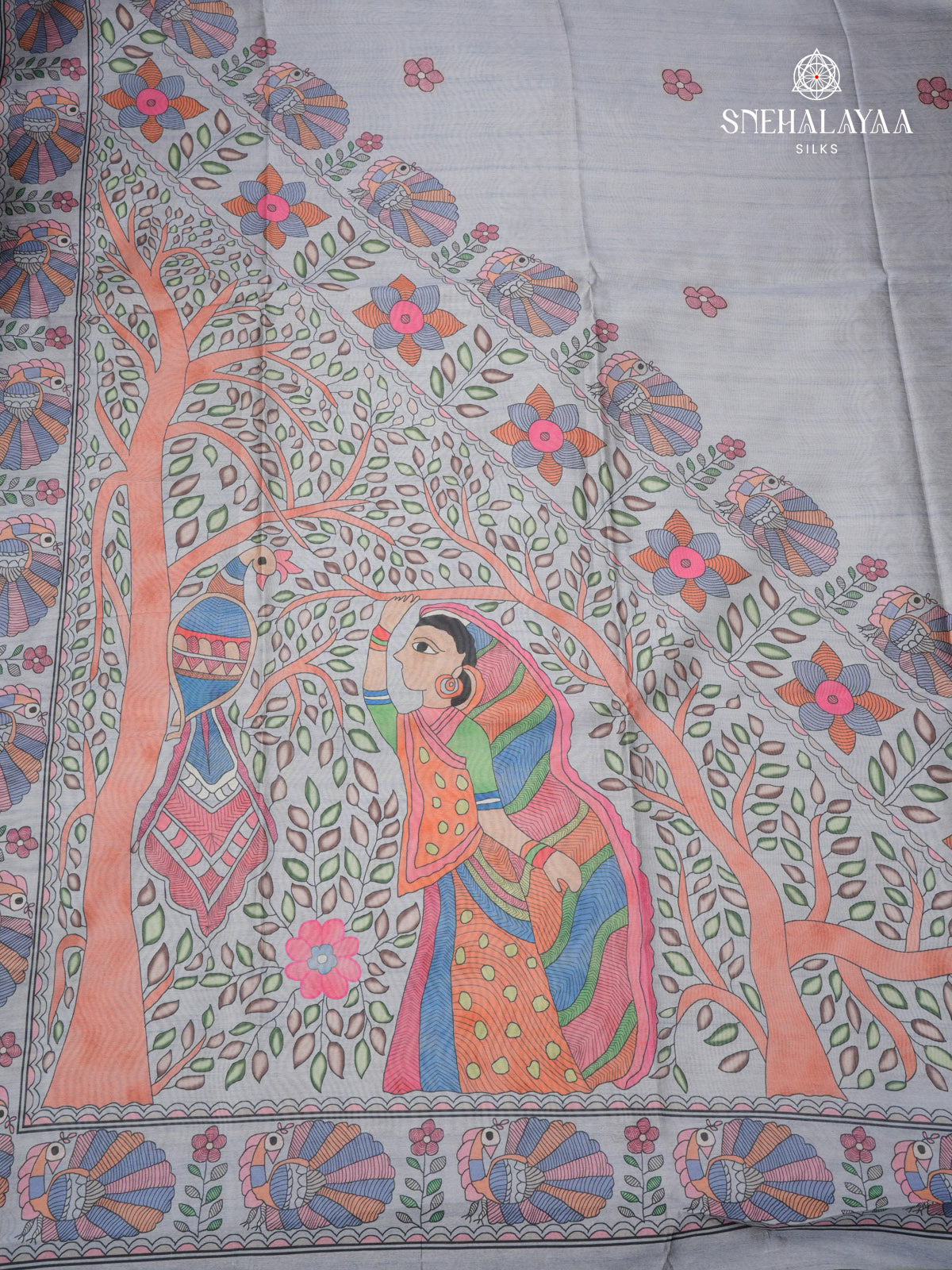 Powder Grey Madhubani Printed Saree