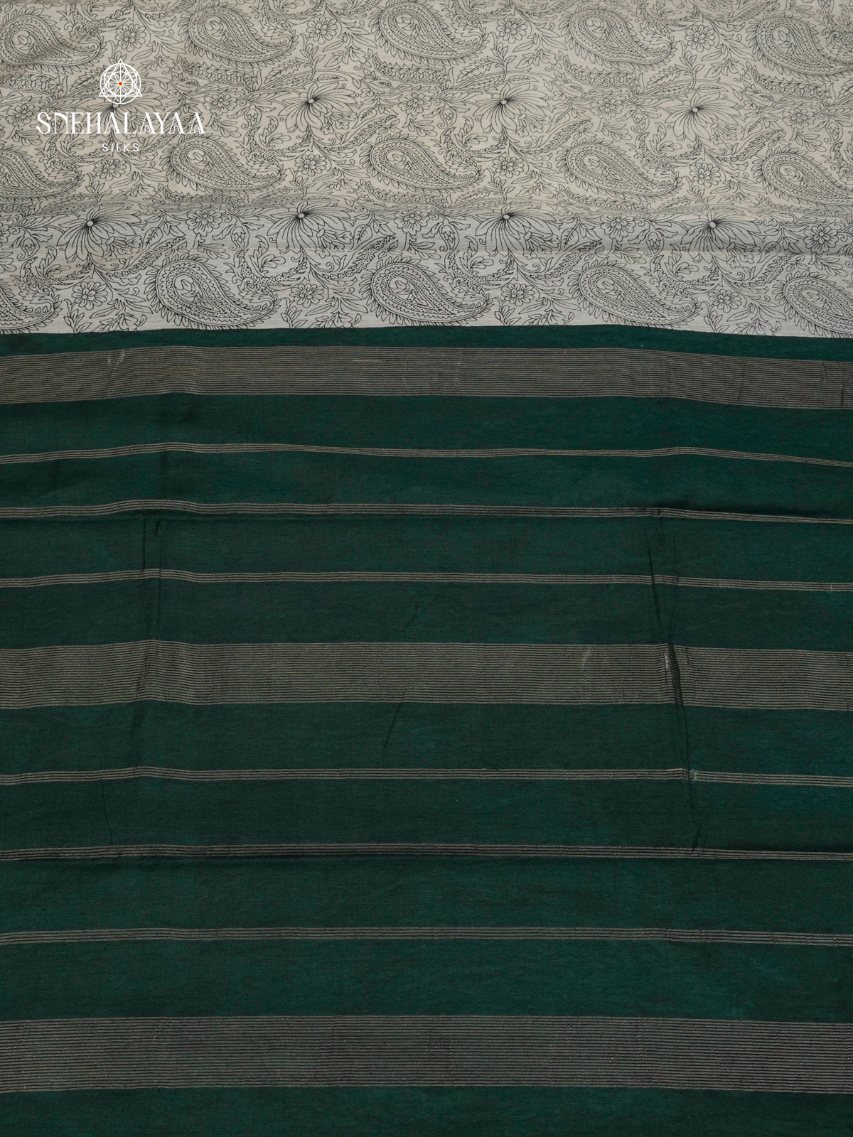 Off-White Kalamkari Saree with Dark Green Woven Border