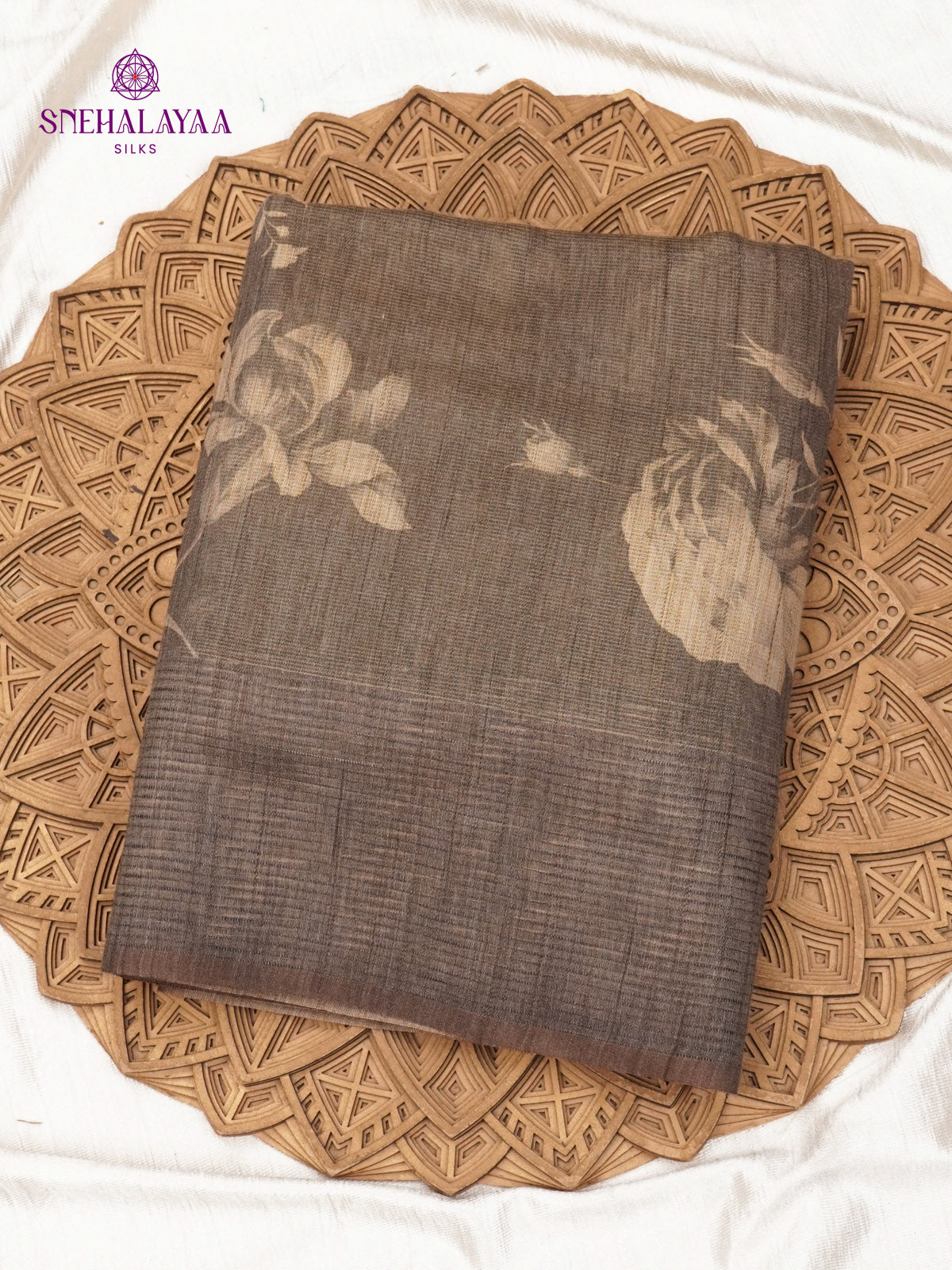 Brown Floral Printed Tussar Saree