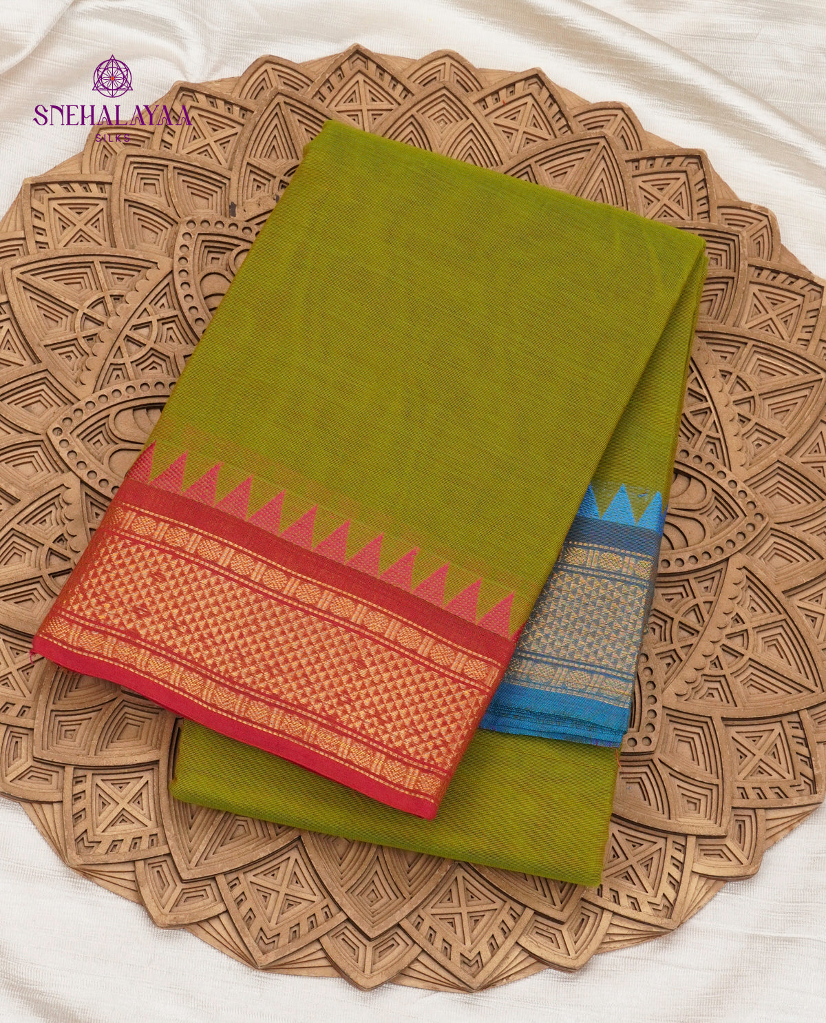 Olive Green Kanchi Cotton Saree with Red & Blue Woven Borders