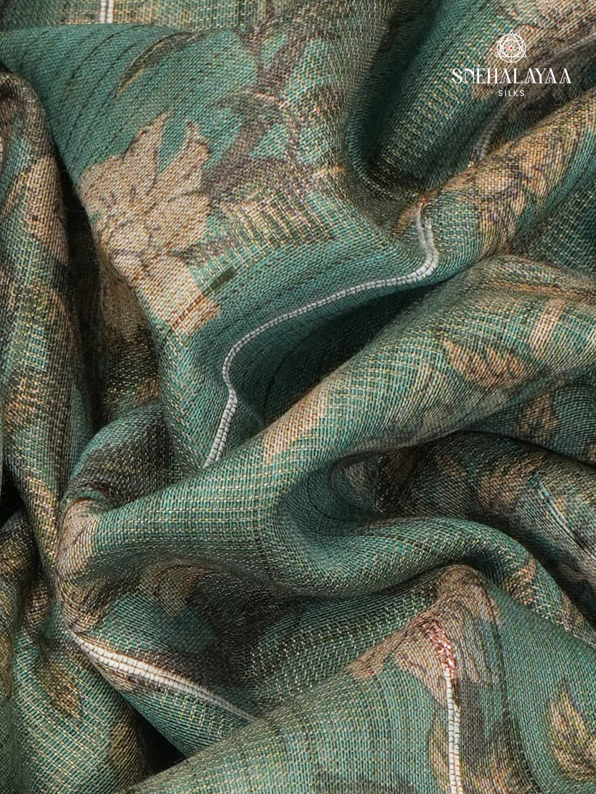 Teal Green Floral Printed Tussar Saree