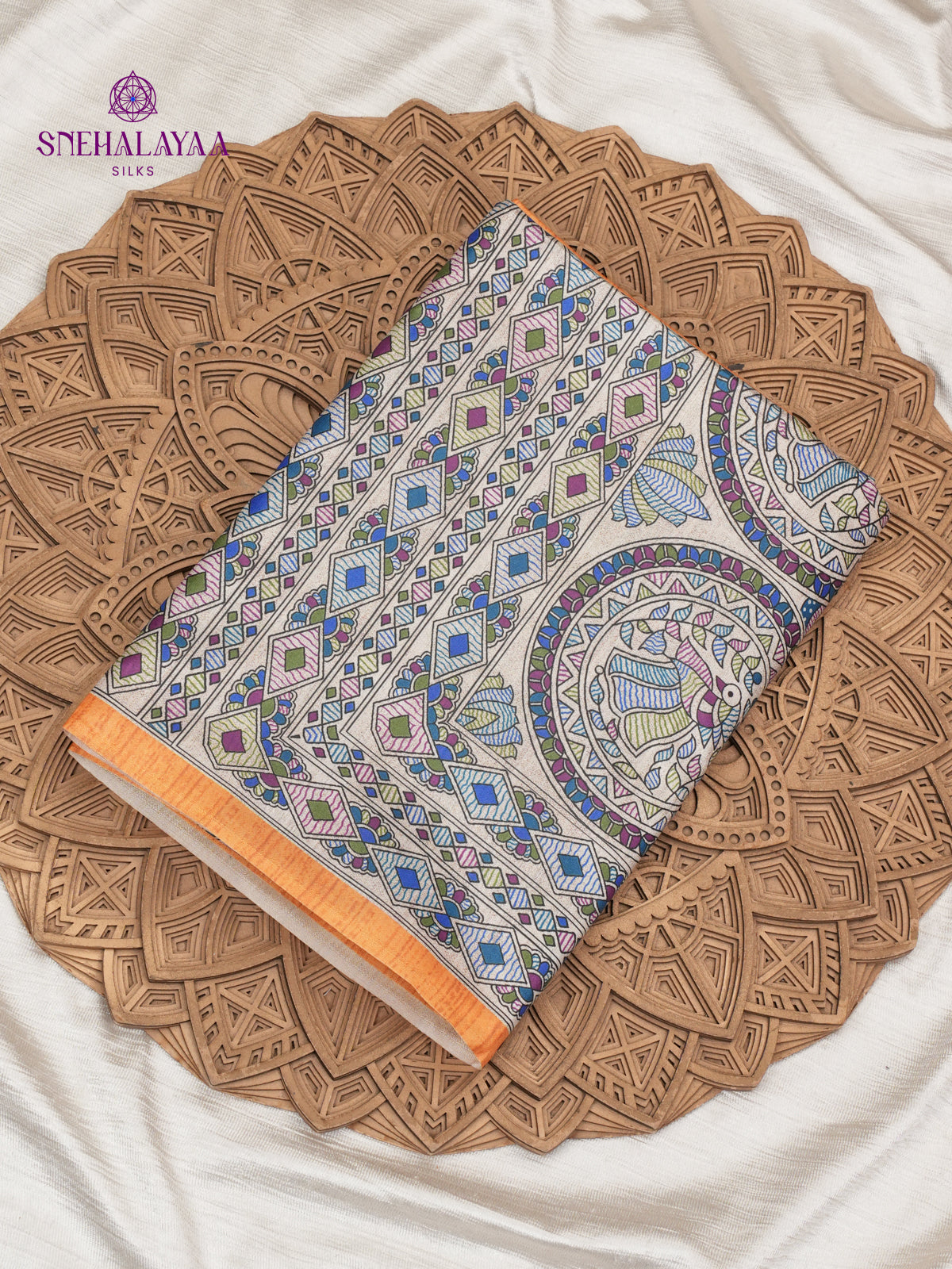 Beige With Yellow Border Madhubani Saree