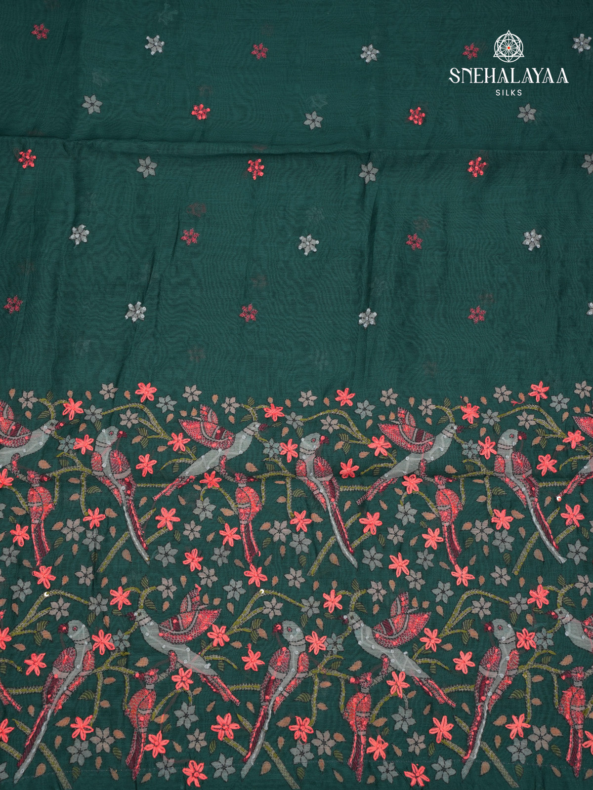 Teal Green Linen Embroidery Saree