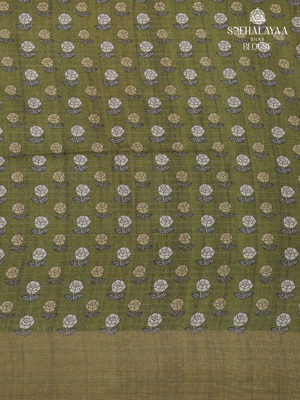 Olive Green Floral Printed Tussar Saree