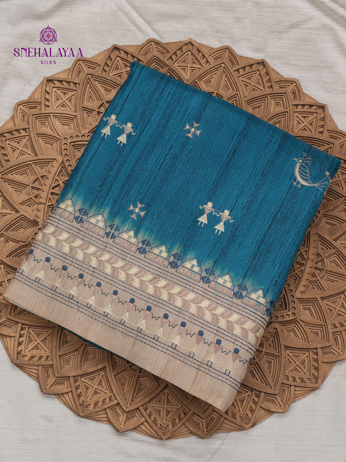 Peacock Blue Tussar Embroidery Saree