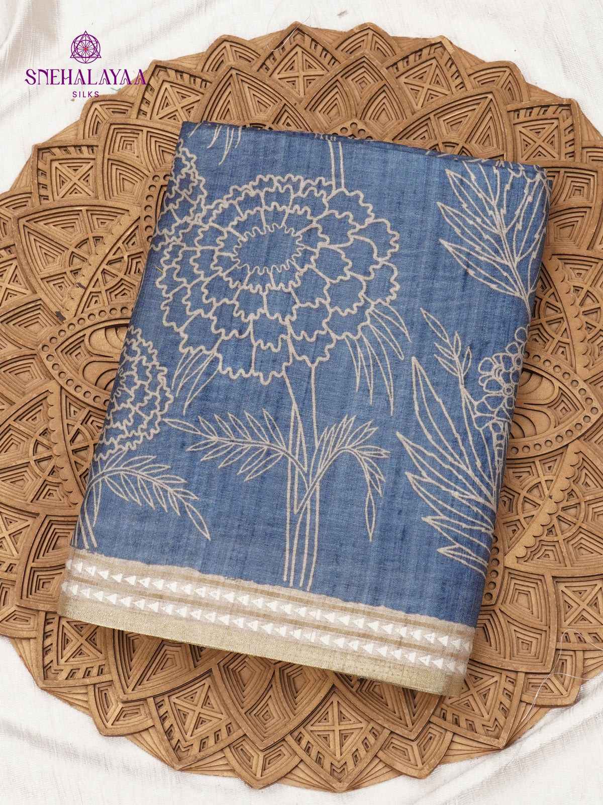 Blue Floral Printed Tussar Saree