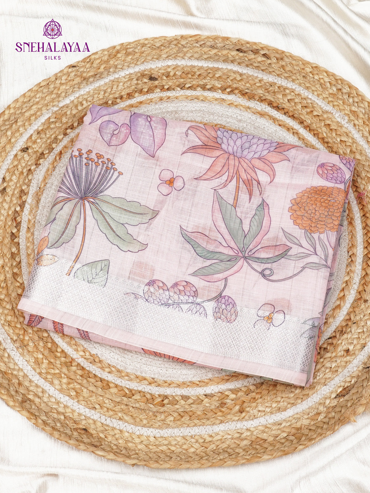 Pastel Pink Printed Linen Saree