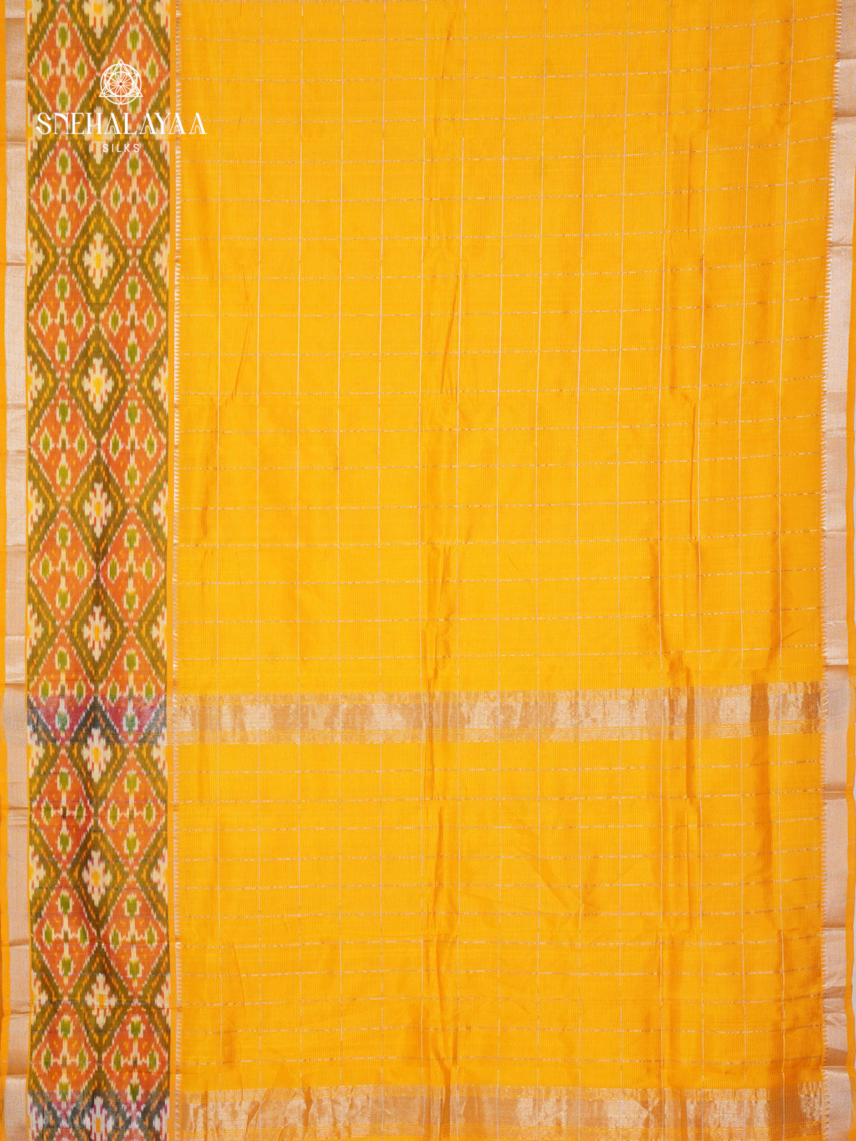 Mustard Yellow Mangalagiri Silk Cotton Saree with Ikat Border