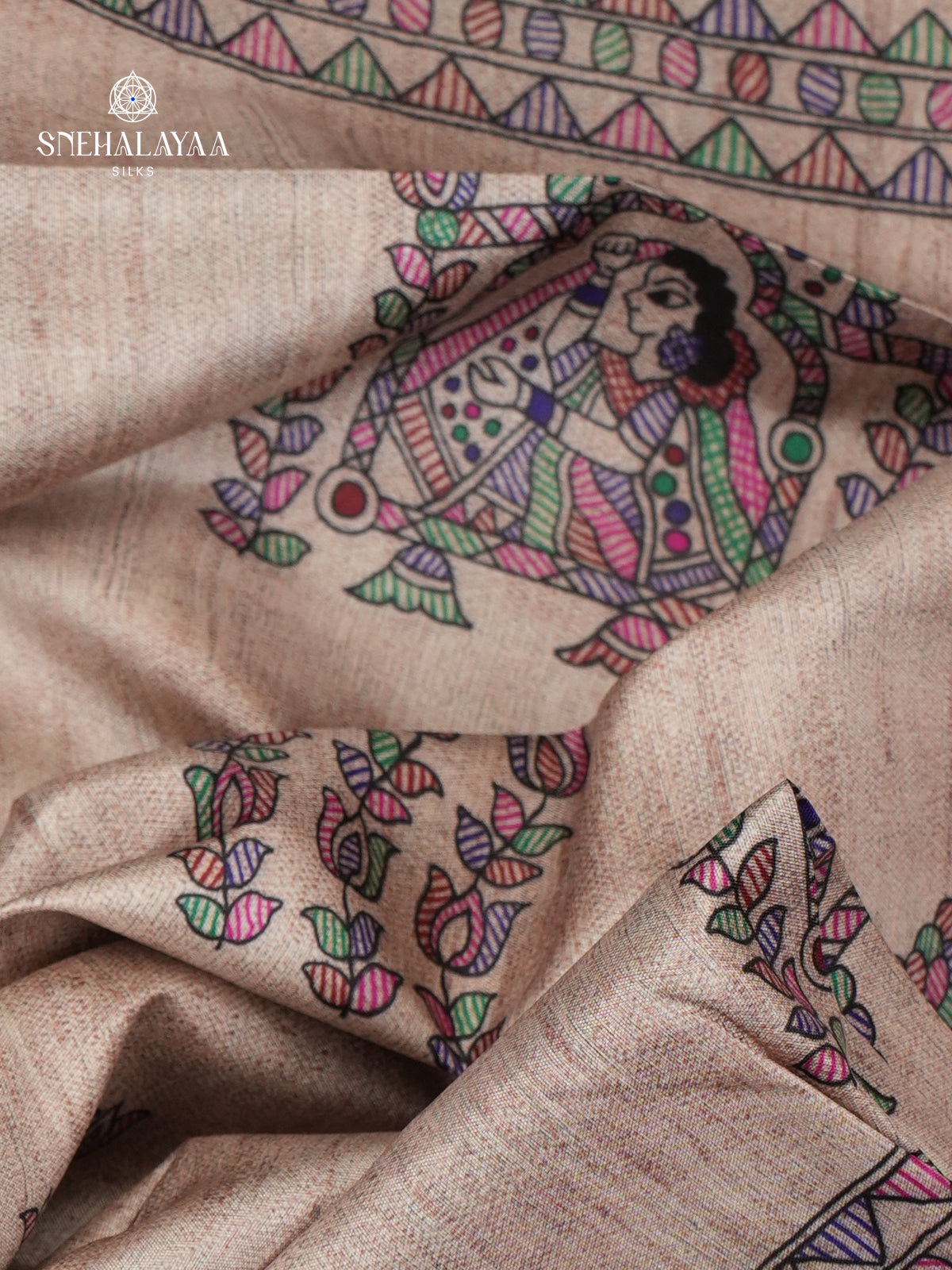Beige With Blue Border Madhubani Saree