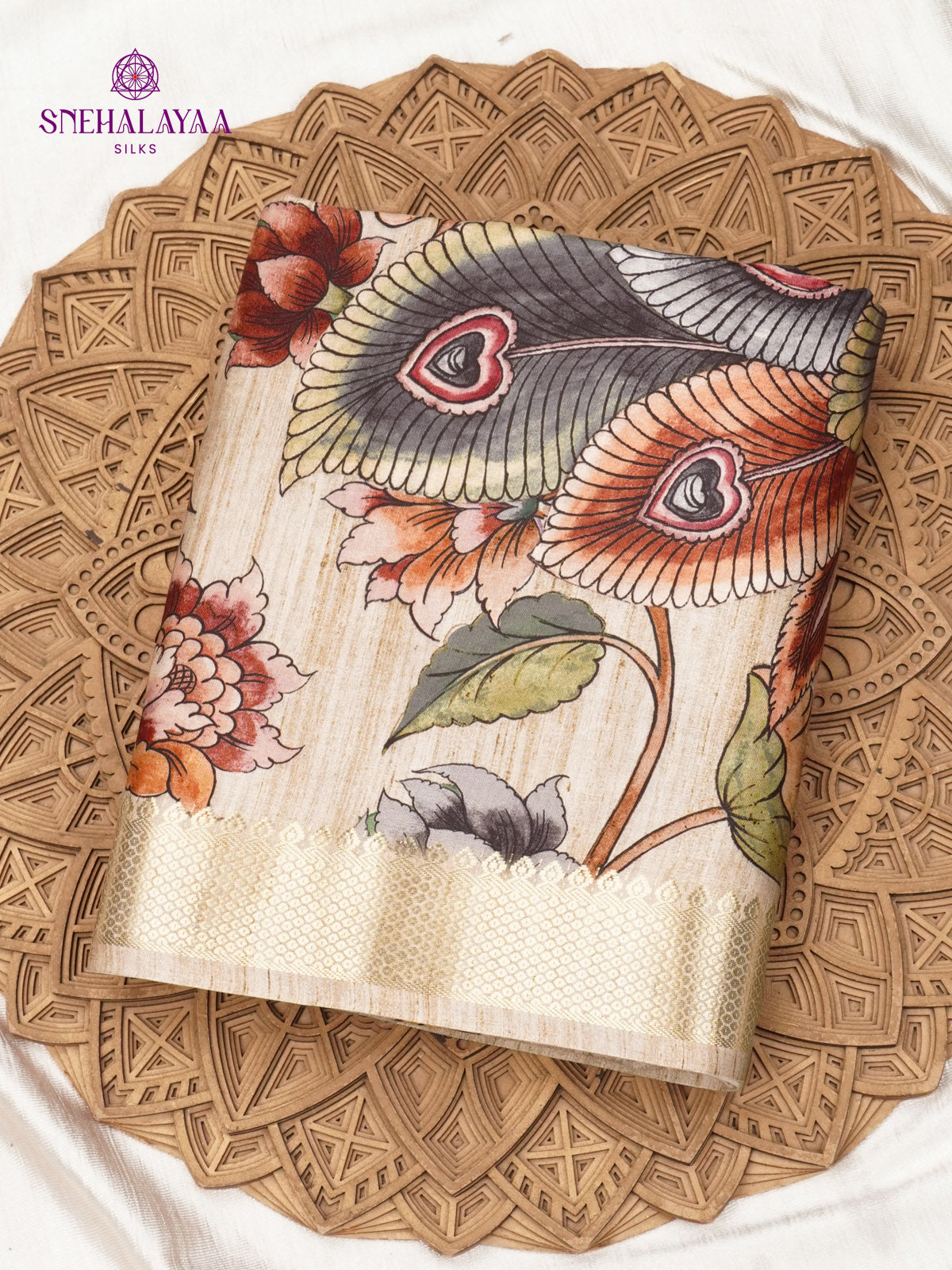 Beige Floral Printed Tussar Saree