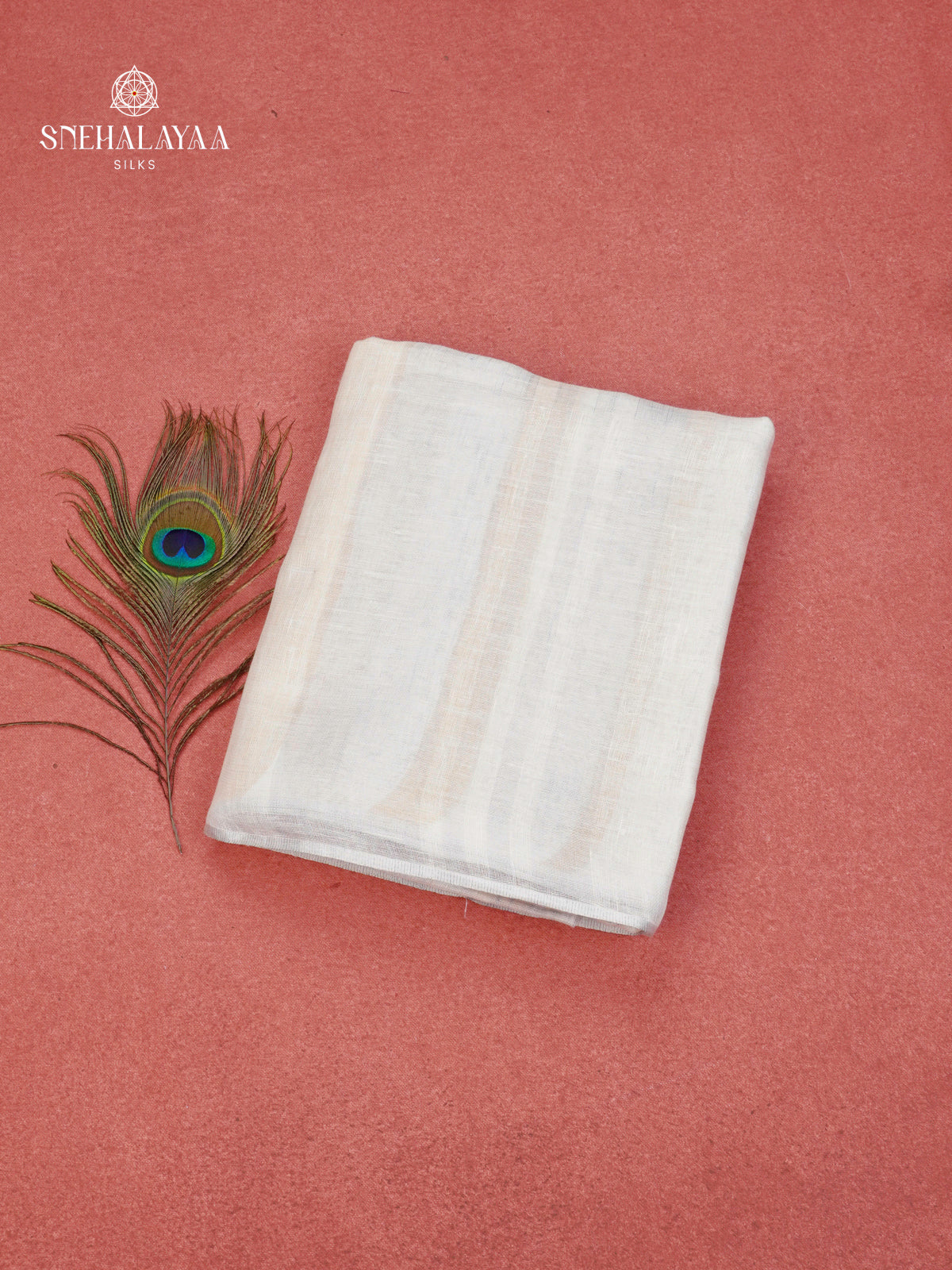 Off-White Linen Saree with Peach Stripes