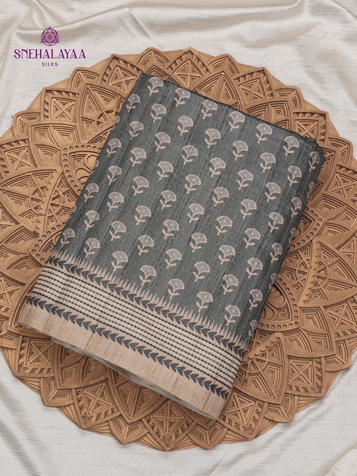 Grey Tussar Embroidery Saree