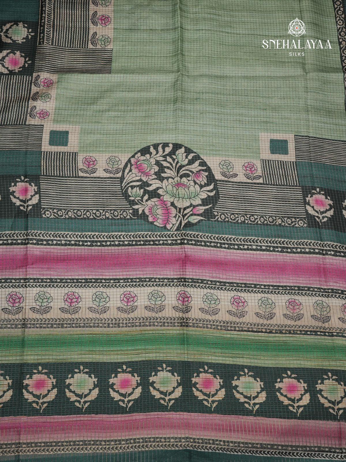 Pastel Green Floral Printed Tussar Saree