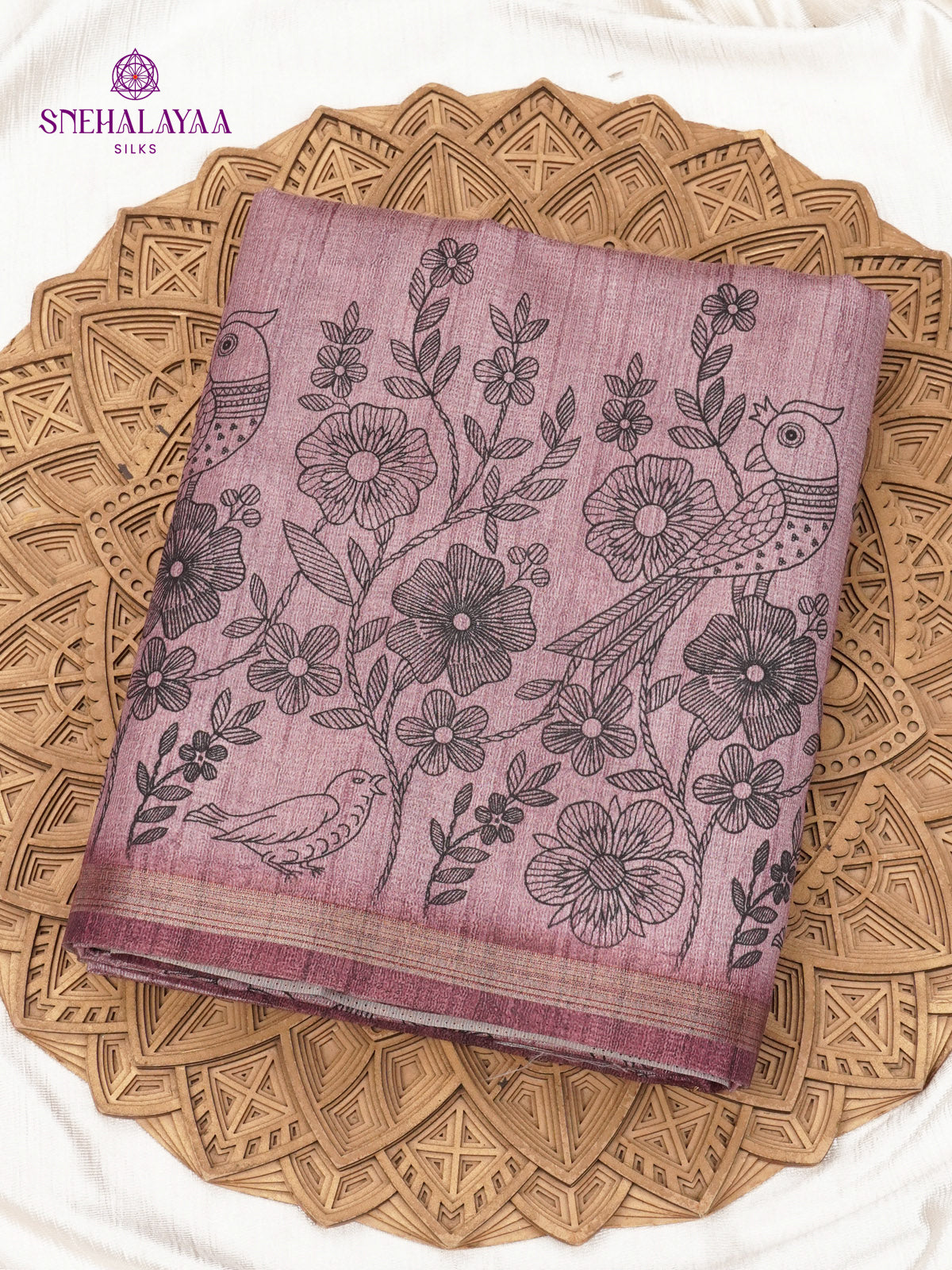 Mauve Rose Floral Printed Tussar Saree