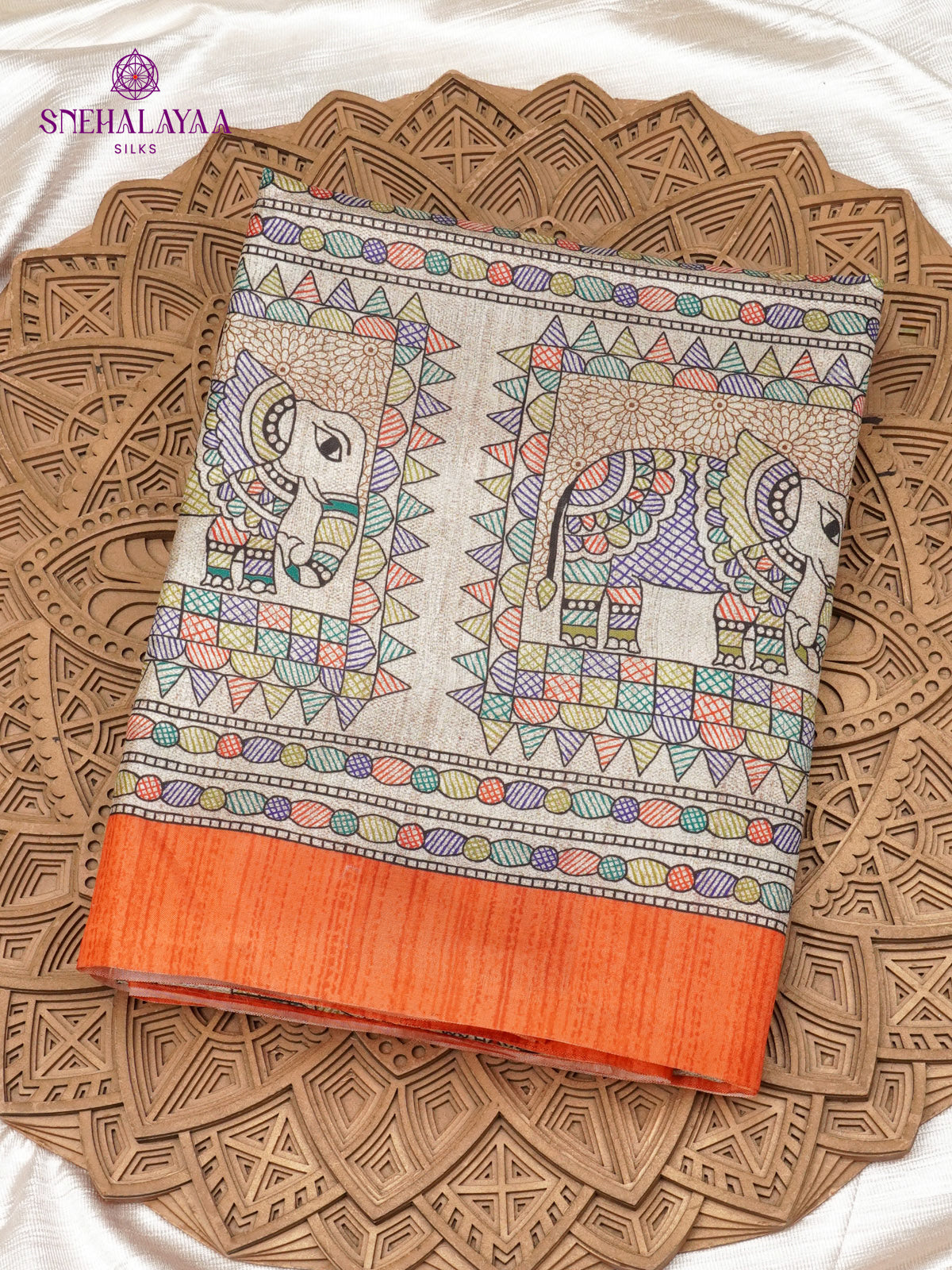 Beige With Orange Border Madhubani Saree
