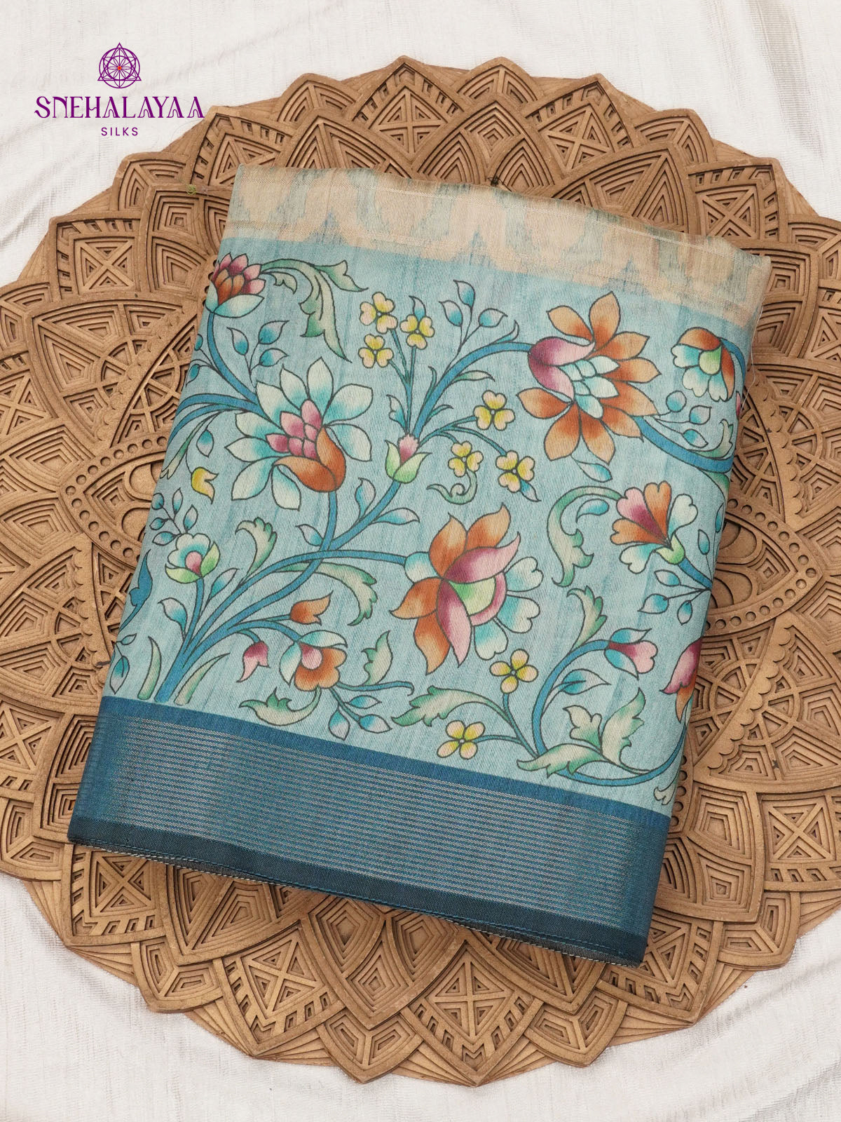 Beige Floral Printed Tussar Saree