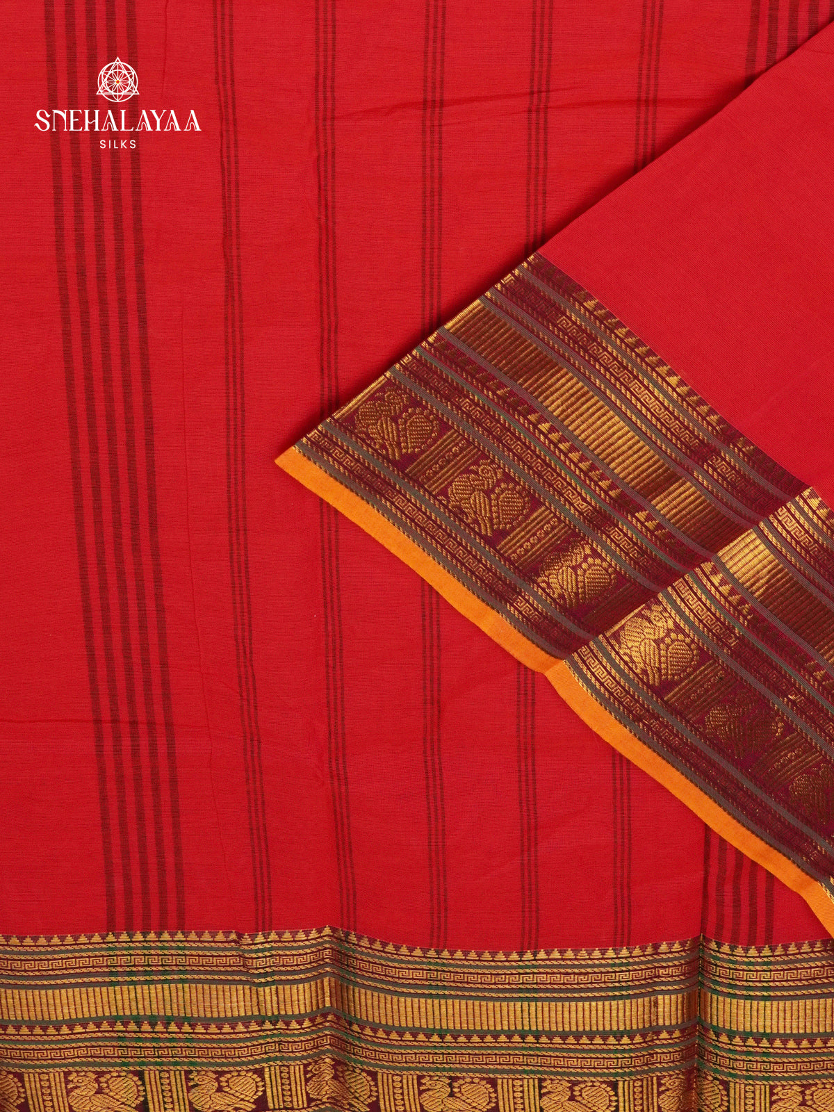 Red Kanchi Cotton Saree with Maroon Zari Border and Mustard Edge