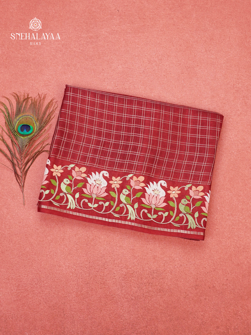 Red Munga Tussar Embroidery Saree