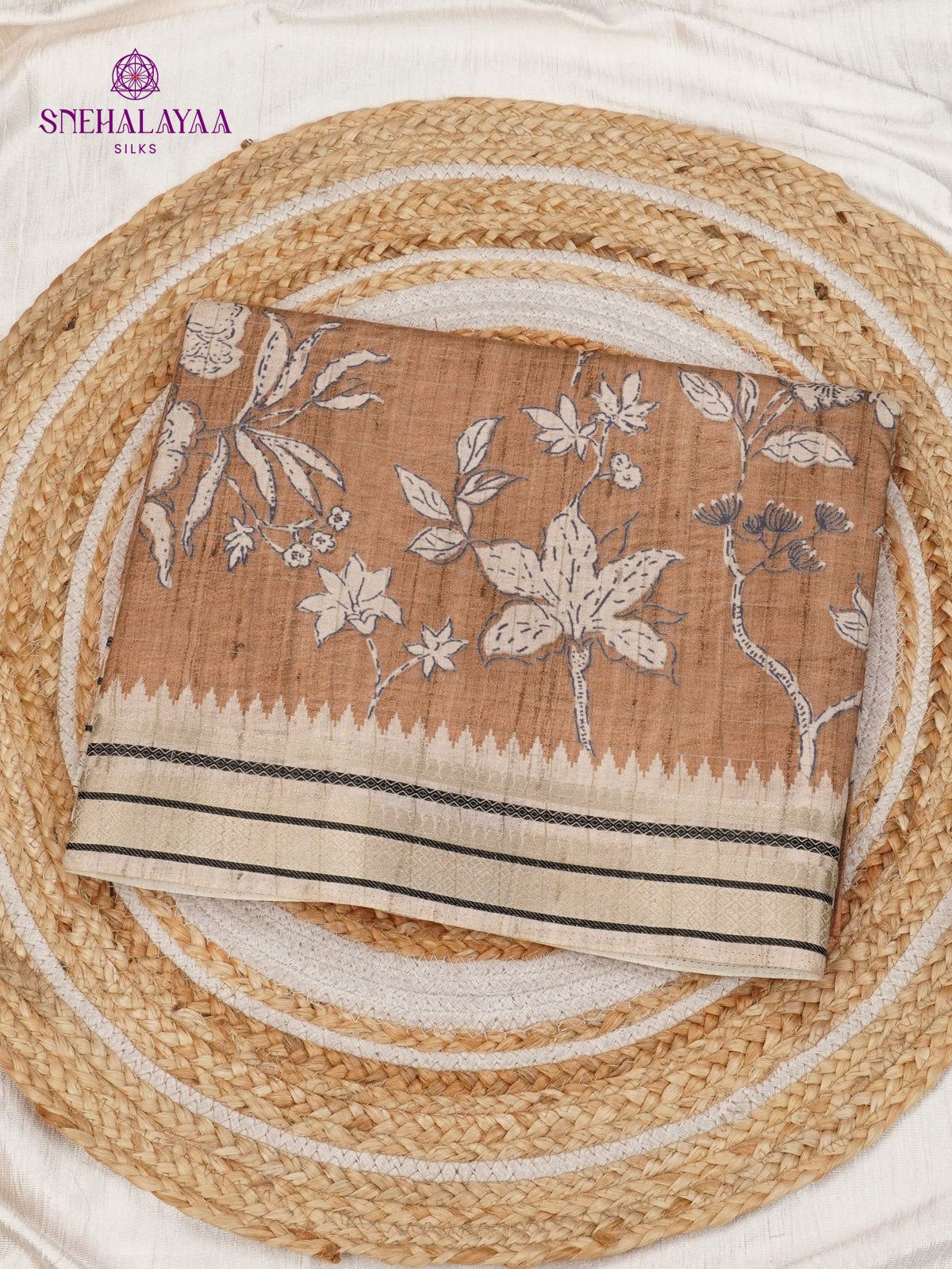 Brown Floral Printed Tussar Saree