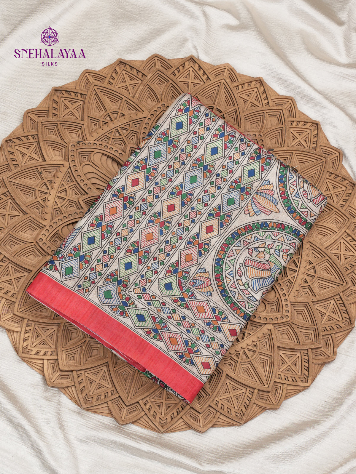 Beige With Red Border Madhubani Saree