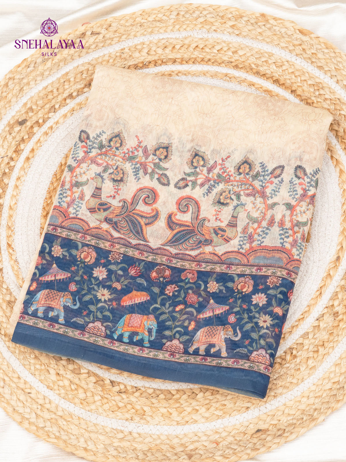 Cream With Navy Blue Border Linen Saree