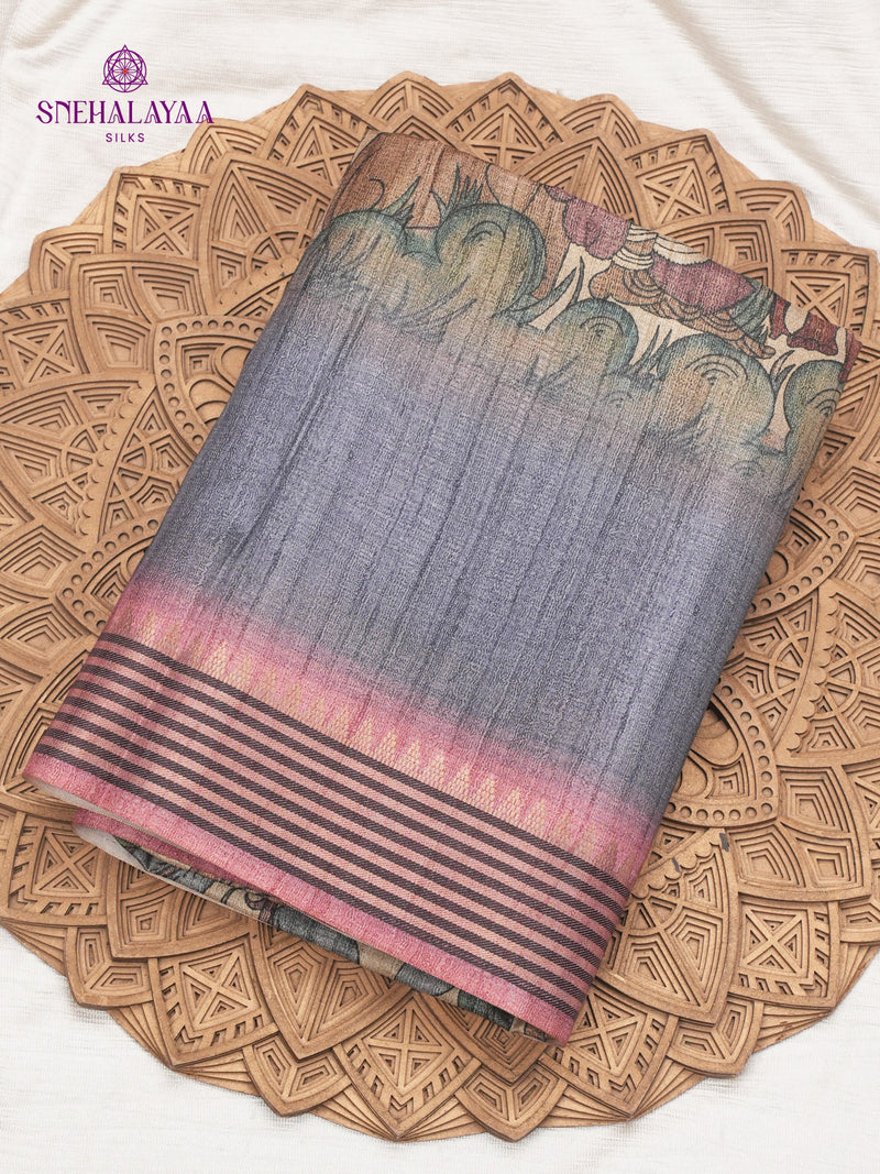 Beige With Grey Border Kalamkari Tussar Saree