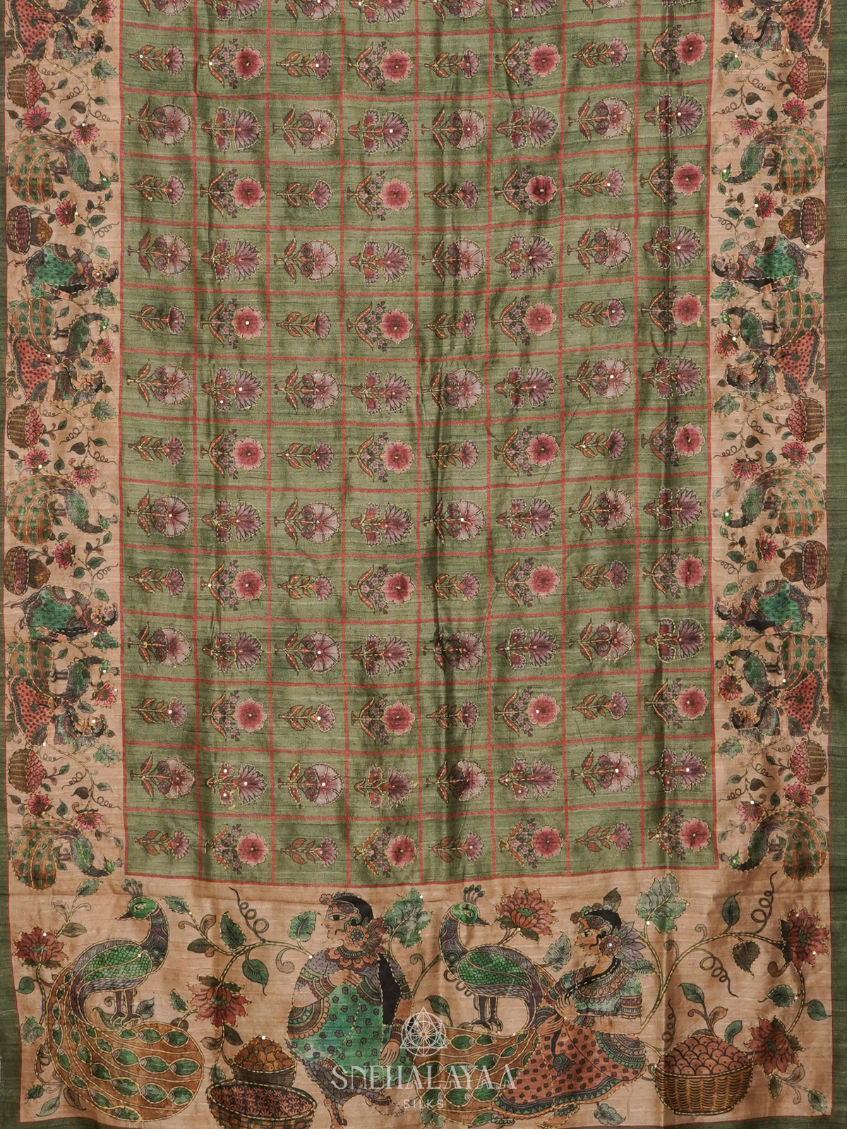 Green Tussar Embroidery Saree