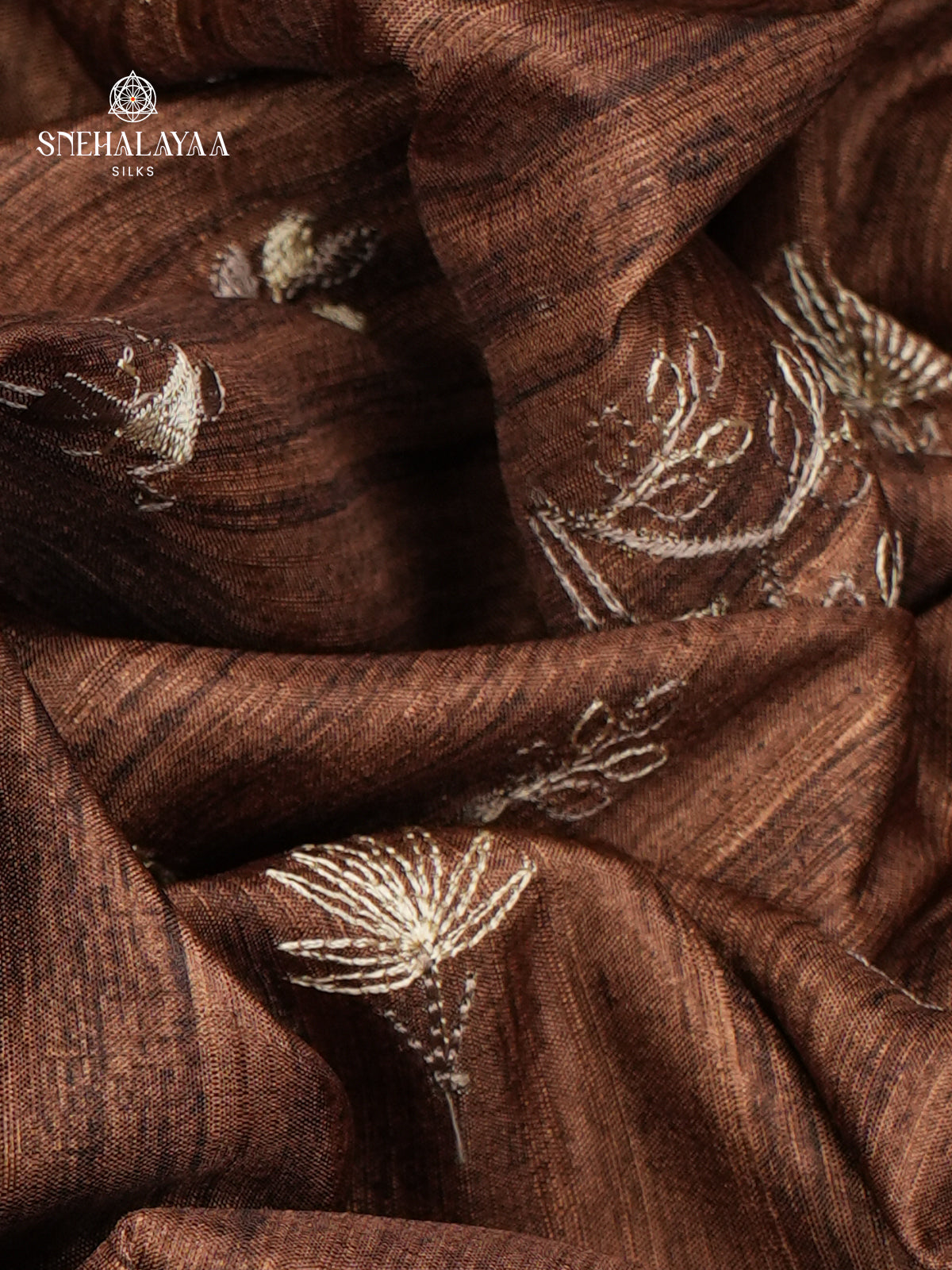 Brown Tussar Embroidery Saree