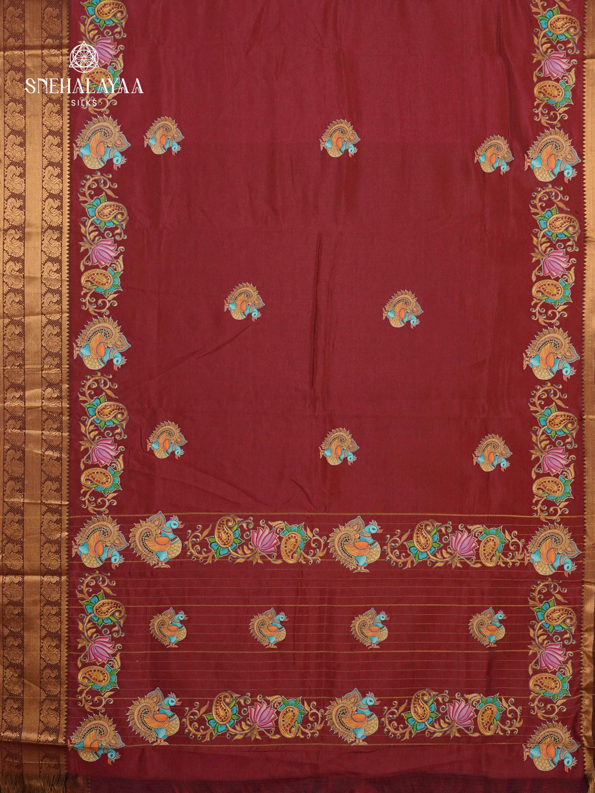 Maroon Mangalagiri Silk Cotton Saree with Tanjore Art Print