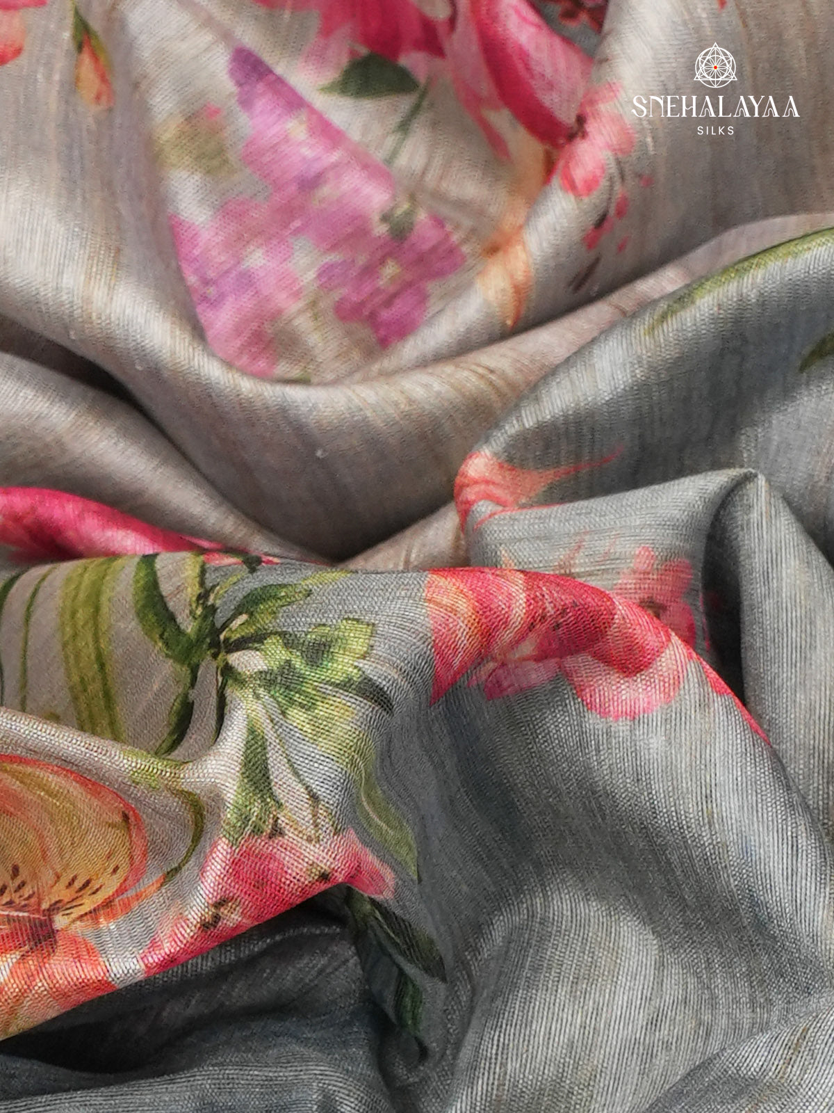 Grey Floral Printed Tussar Saree