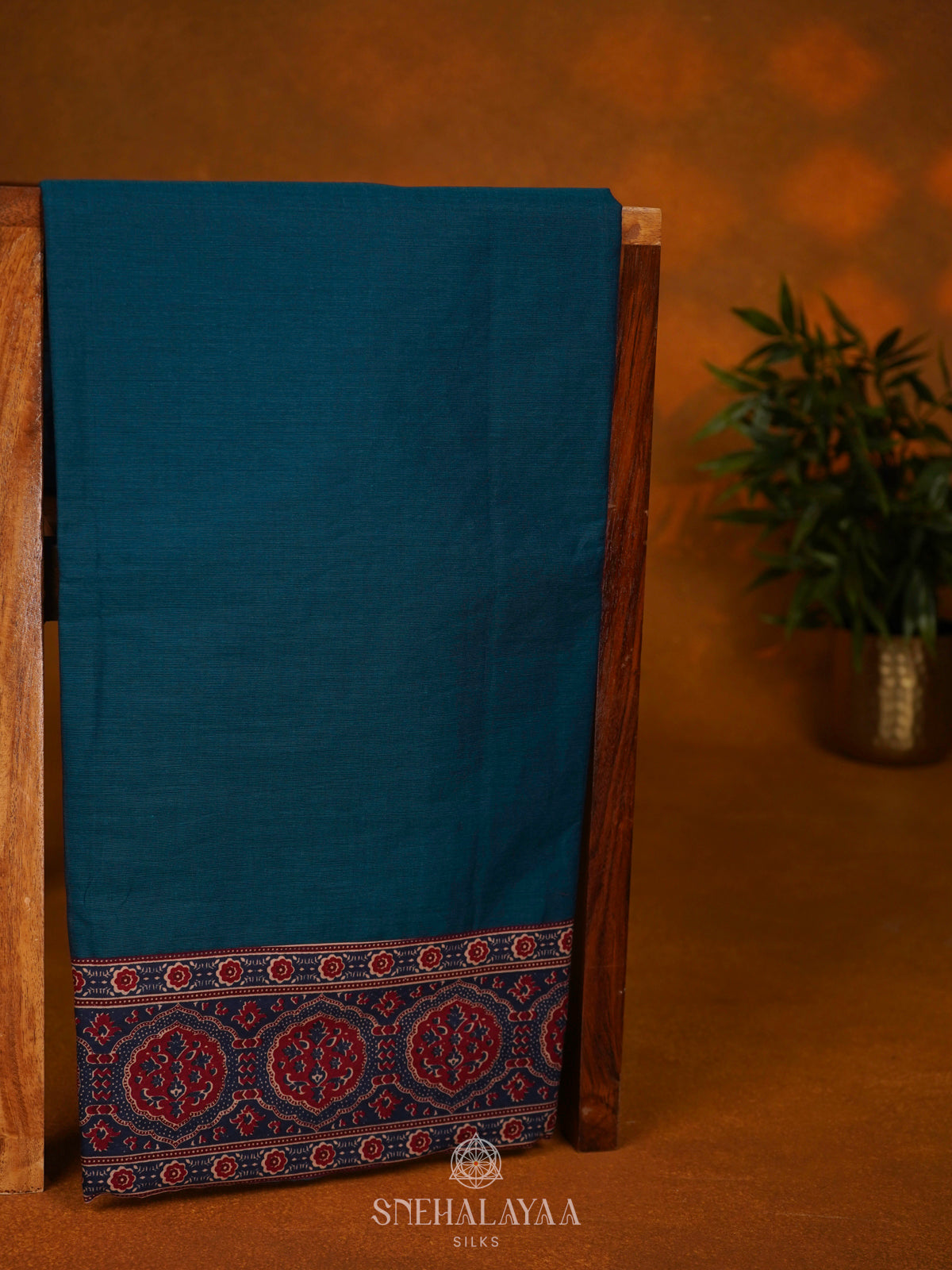 Peacock Blue Printed Cotton Saree