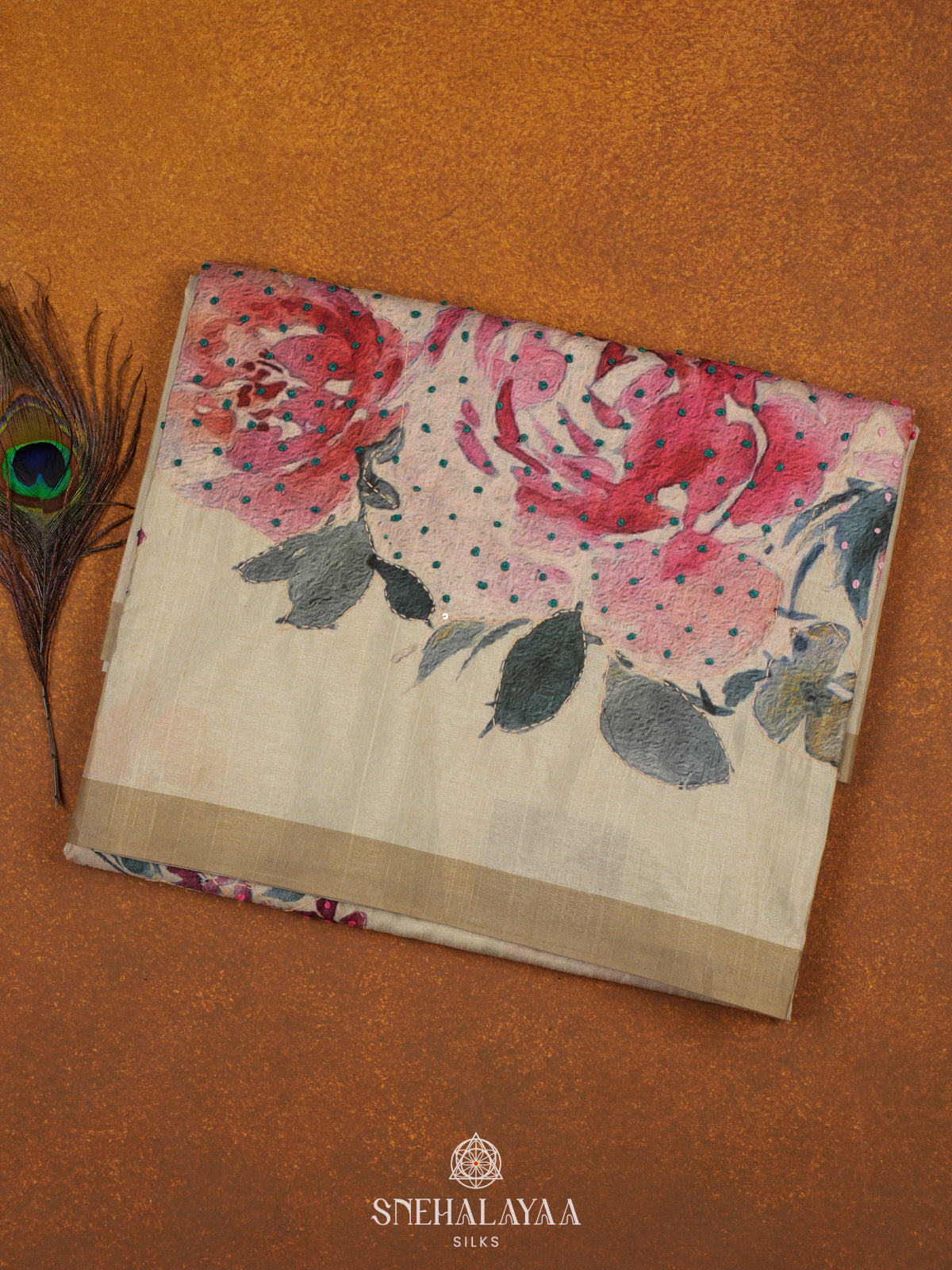 Beige Tussar Embroidery Saree