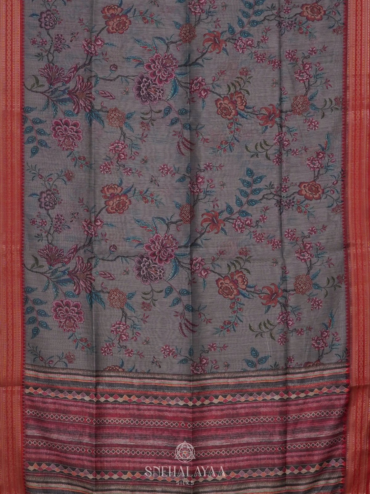 Grey Printed Linen Saree
