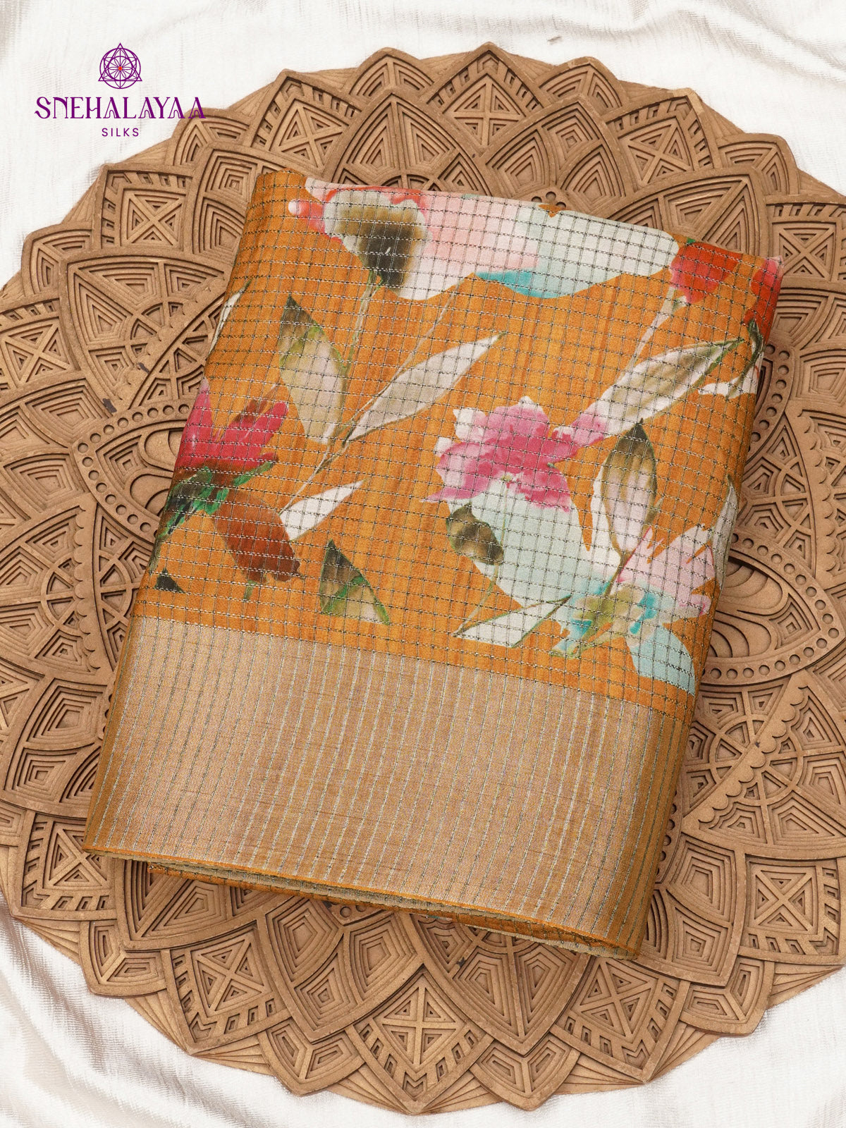 Orange Floral Printed Tussar Saree