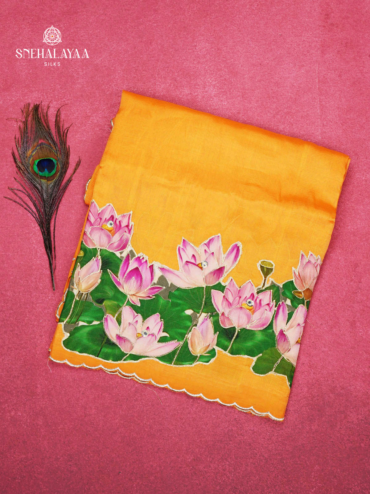 Mustard Yellow Mangalagiri Silk Cotton Saree with Lotus Embroidery