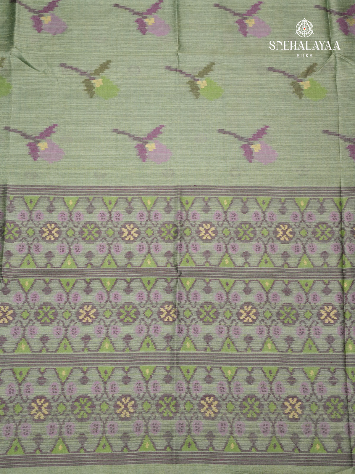 Pastel Green Floral Printed Tussar Saree