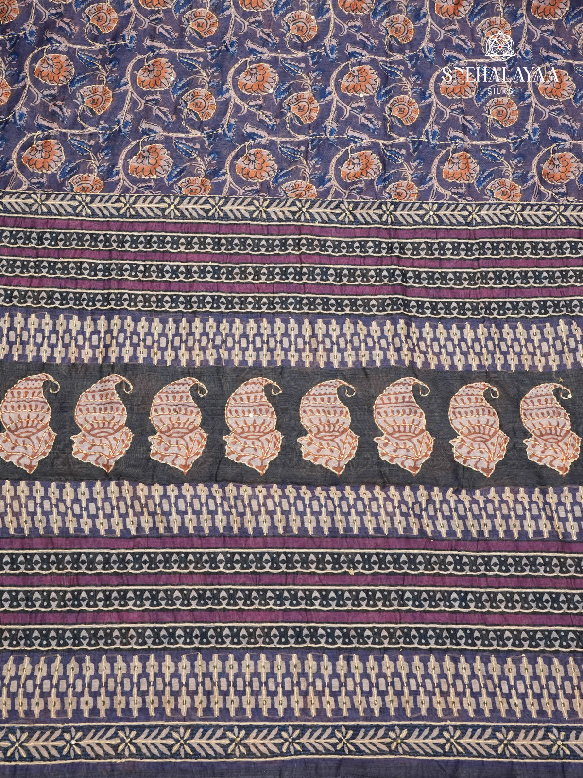 Navy Blue Linen Embroidery Saree