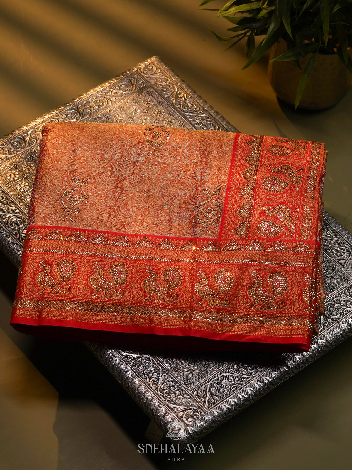 Golden Banaras Designer Saree with Orange Border