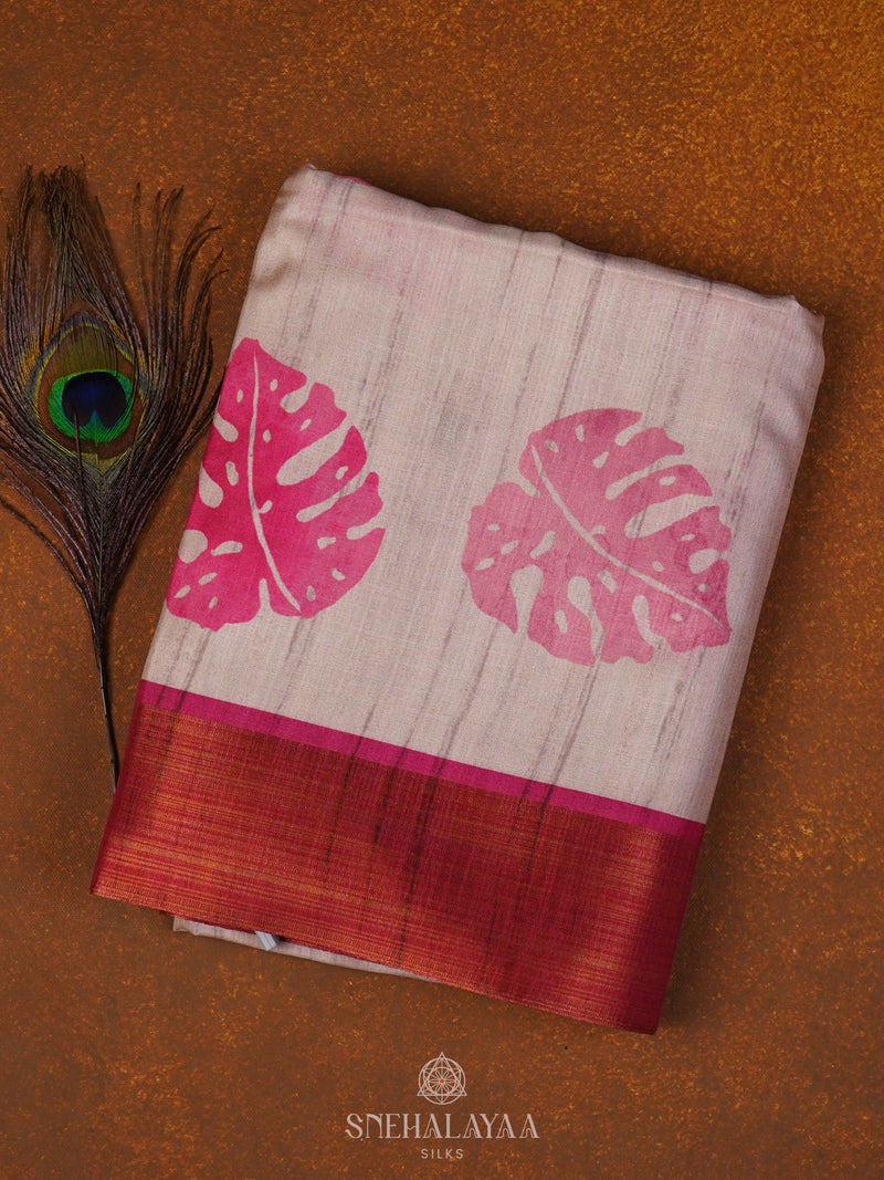 Cream Munga Tussar Saree with Pink Border