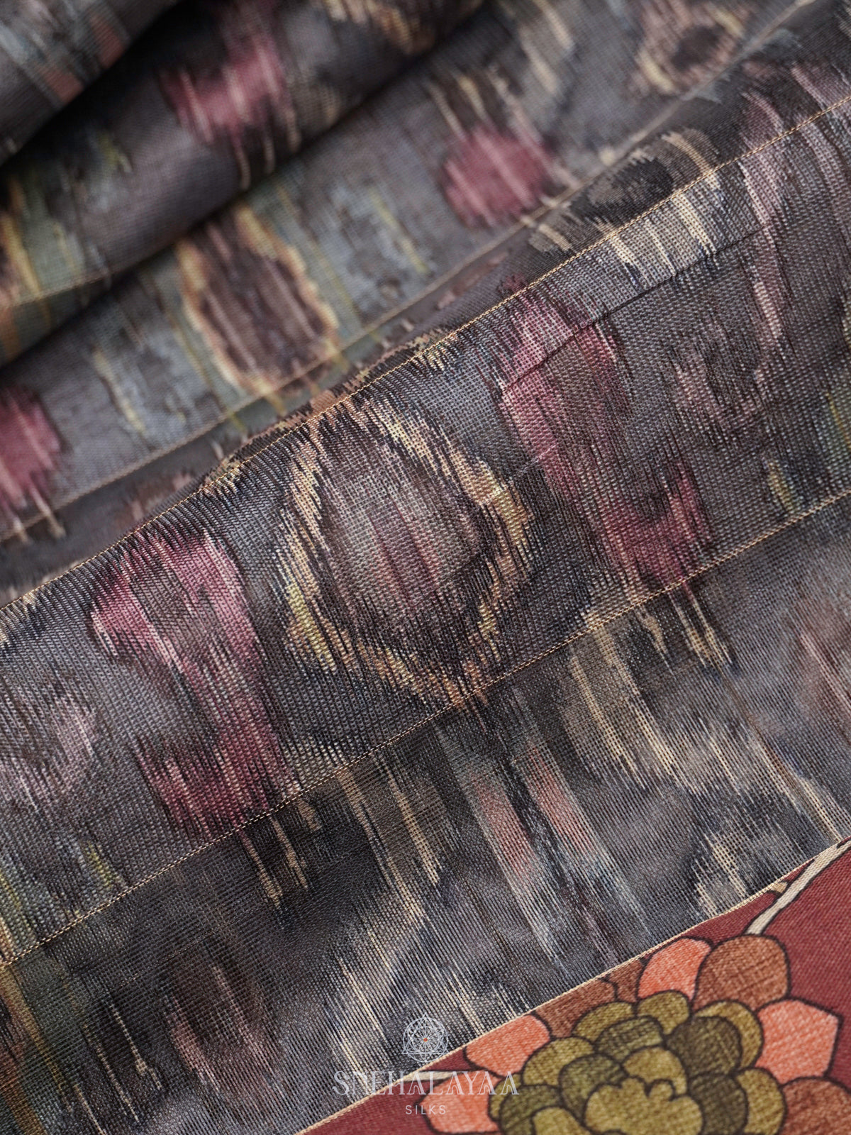 Grey with Brown Floral Border Tussar Saree