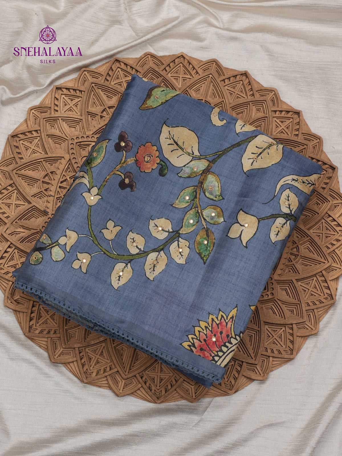 Teal Blue Tussar Embroidery Saree