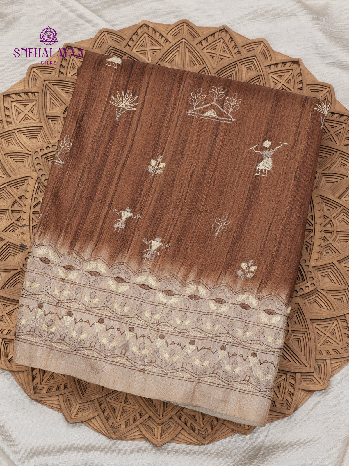 Brown Tussar Embroidery Saree