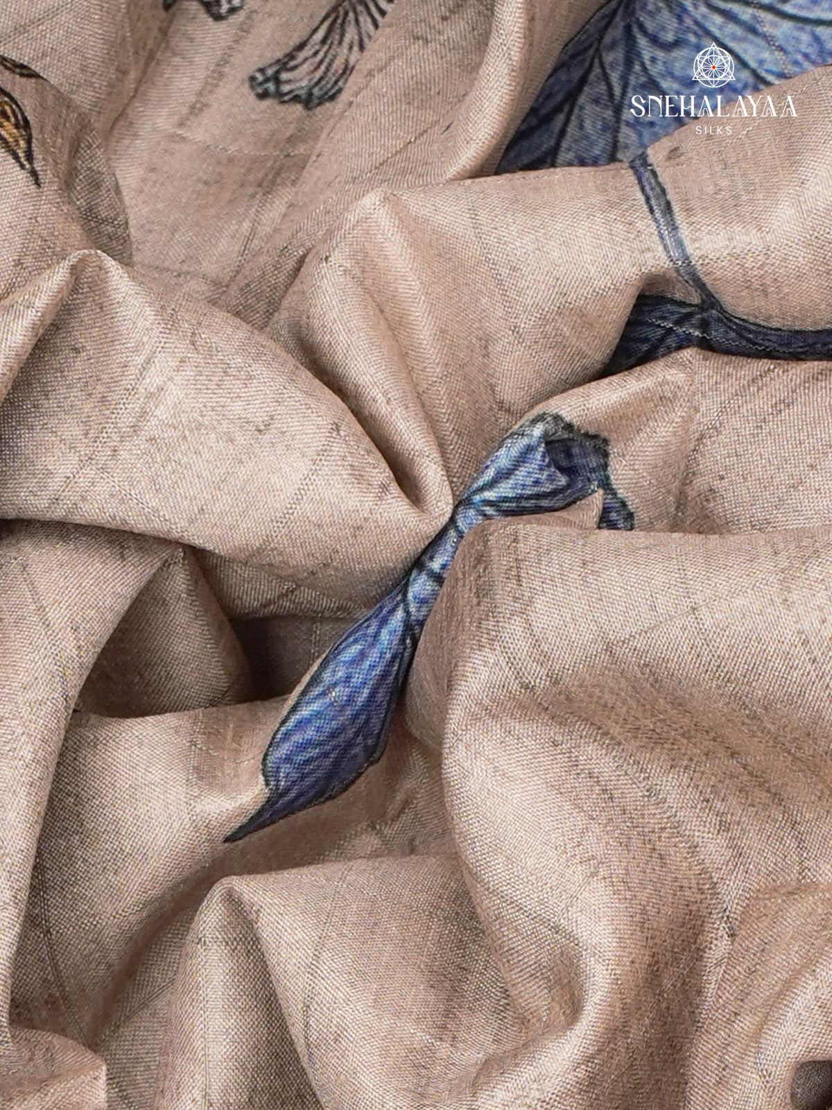 Beige With Blue Border Floral Printed Tussar Saree