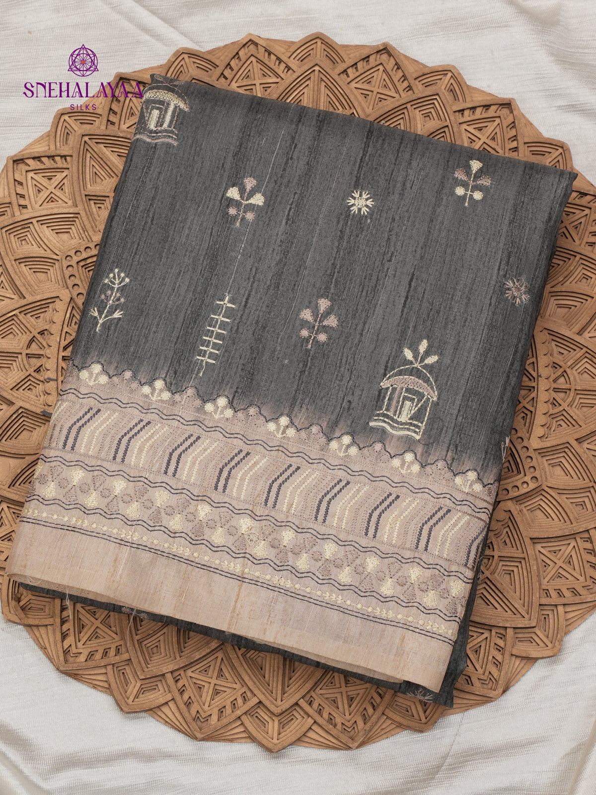 Grey Tussar Embroidery Saree