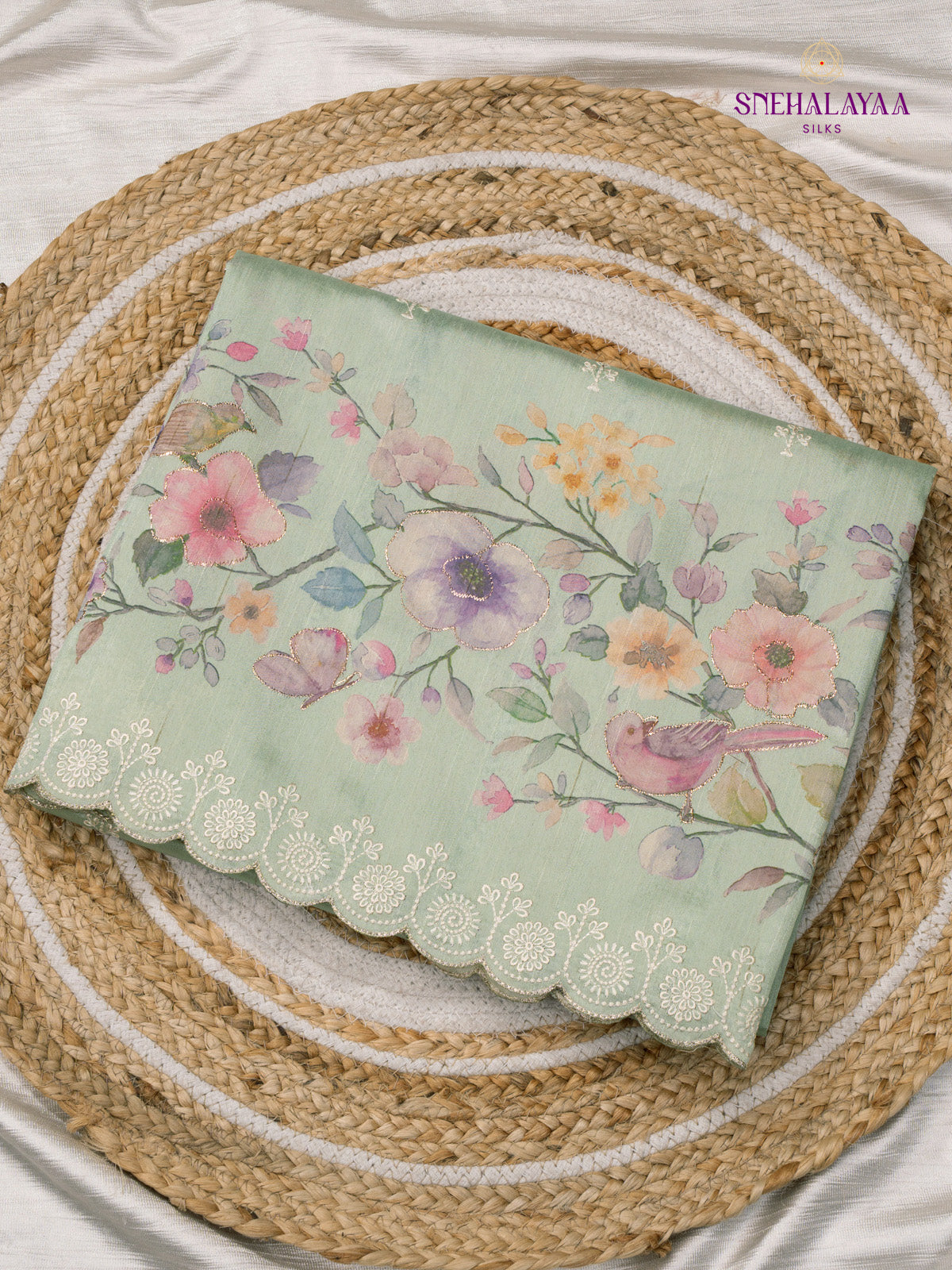 Pista Raw Silk Embroidery Saree