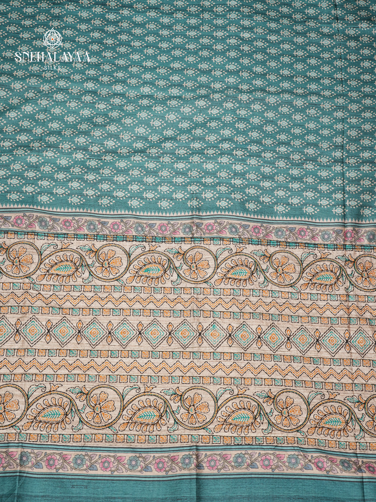Teal Green Tussra Embroidery Saree