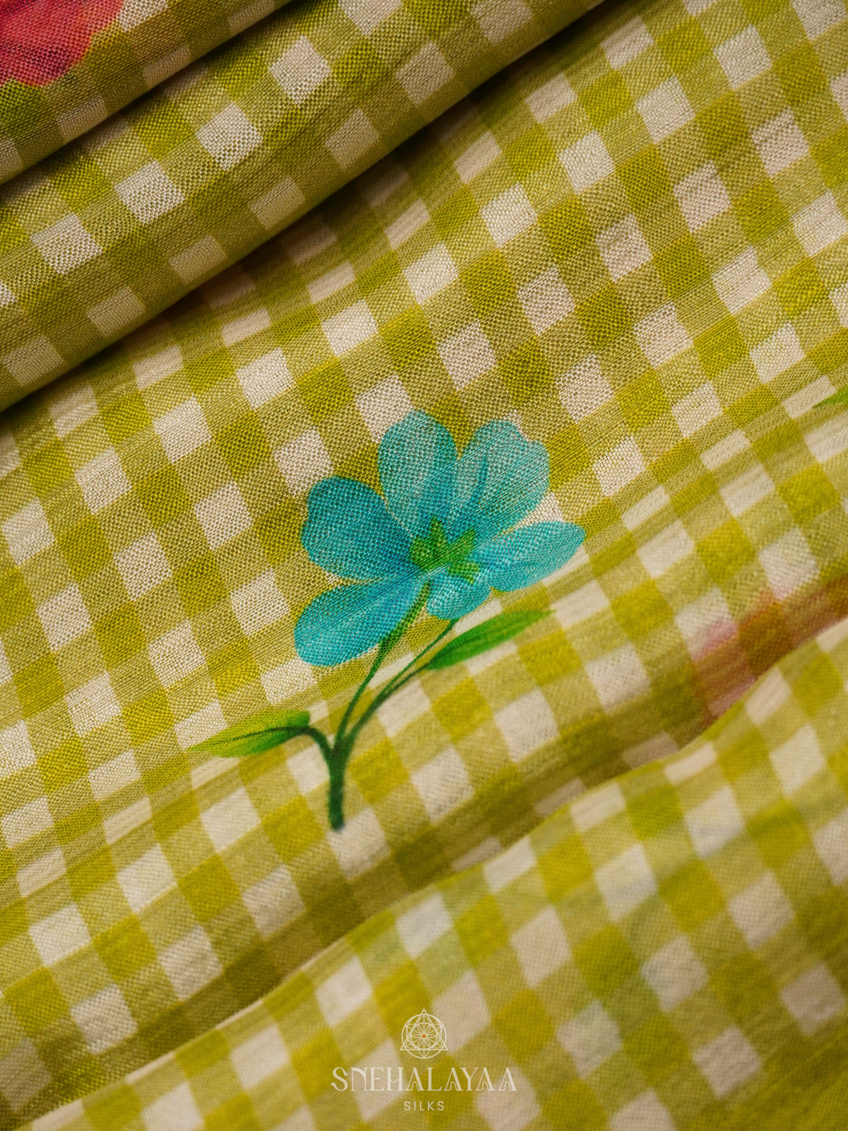 Green Checks Printed Mangalagiri Silk Saree