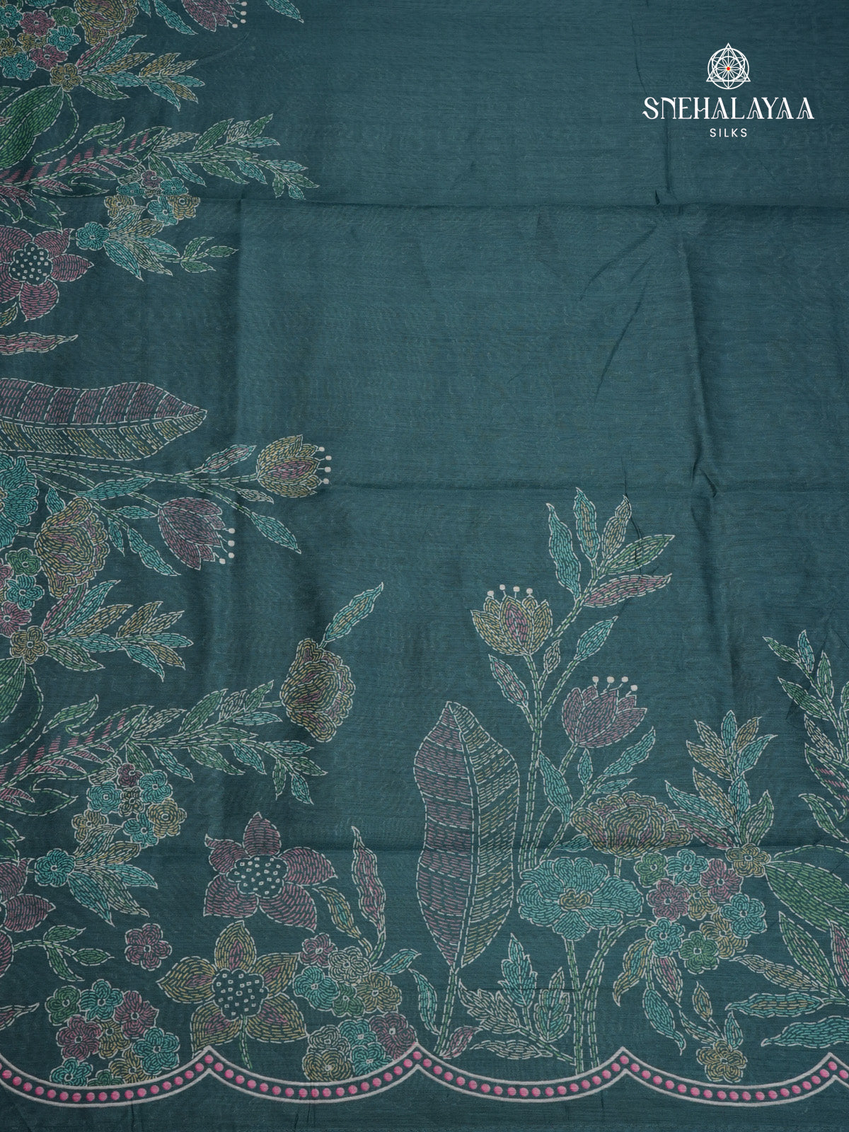 Peacock Blue Printed Linen Saree