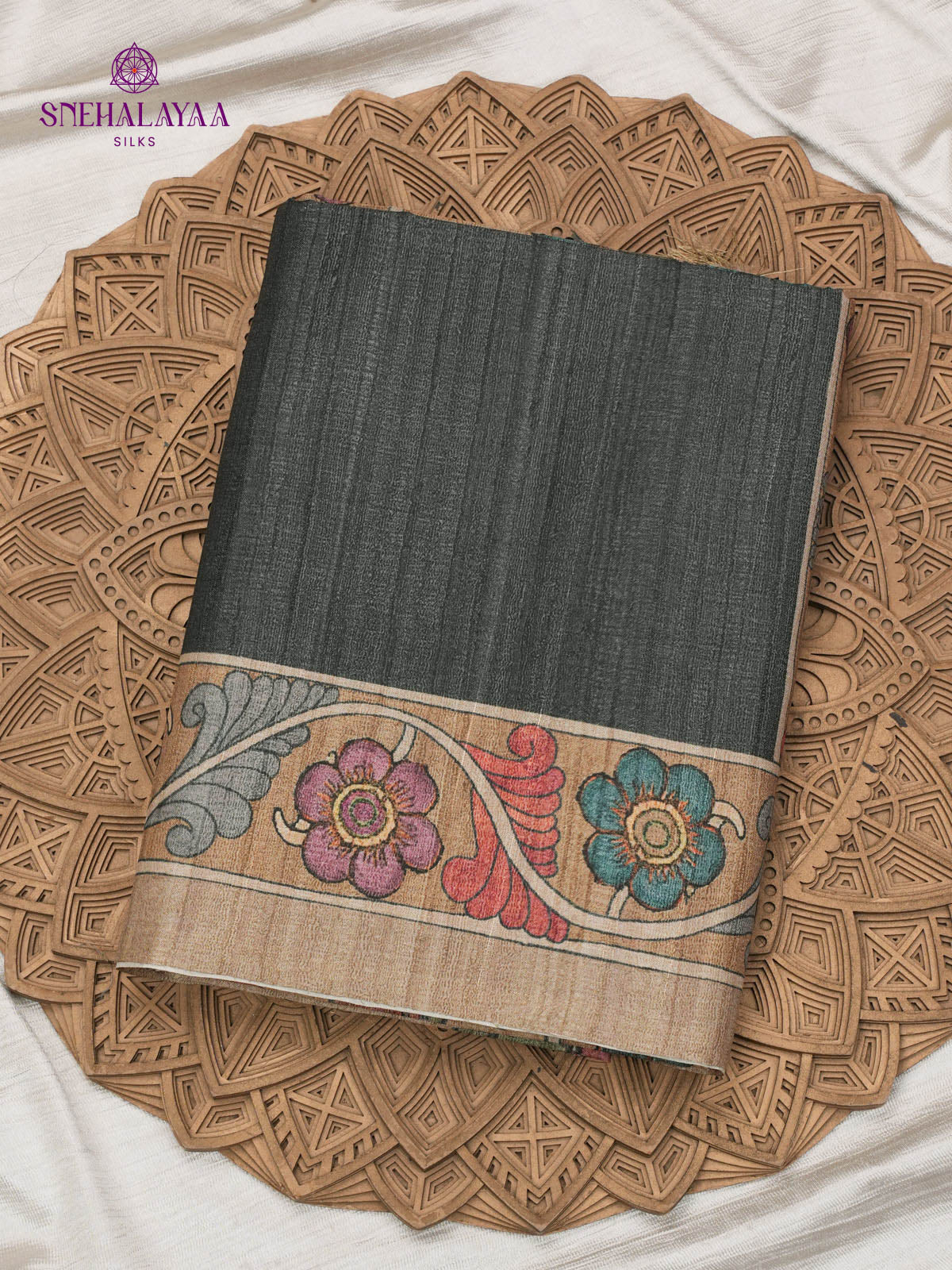 Black Floral Printed Tussar Saree