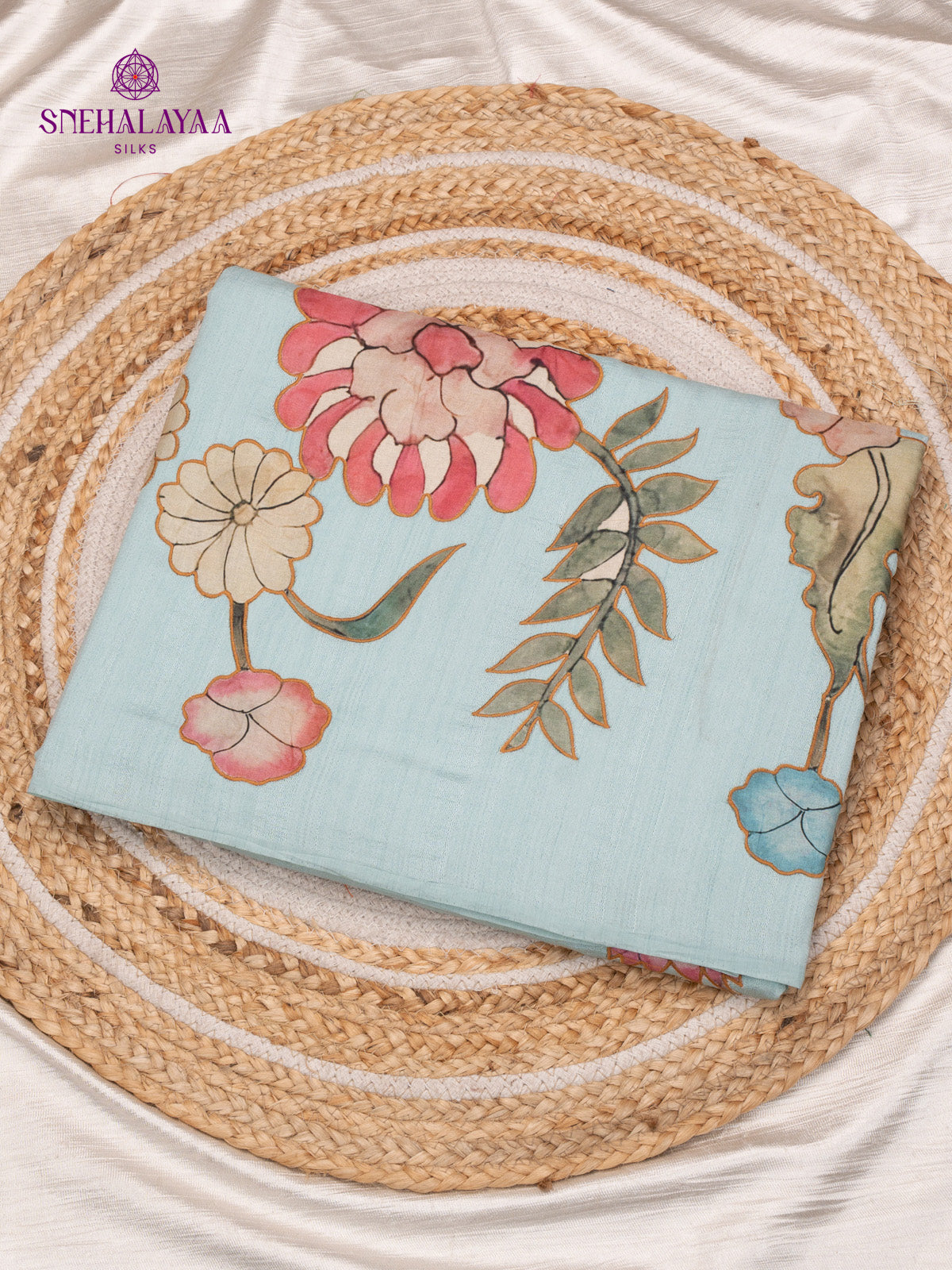 Sky Blue Raw Silk Embroidery Saree